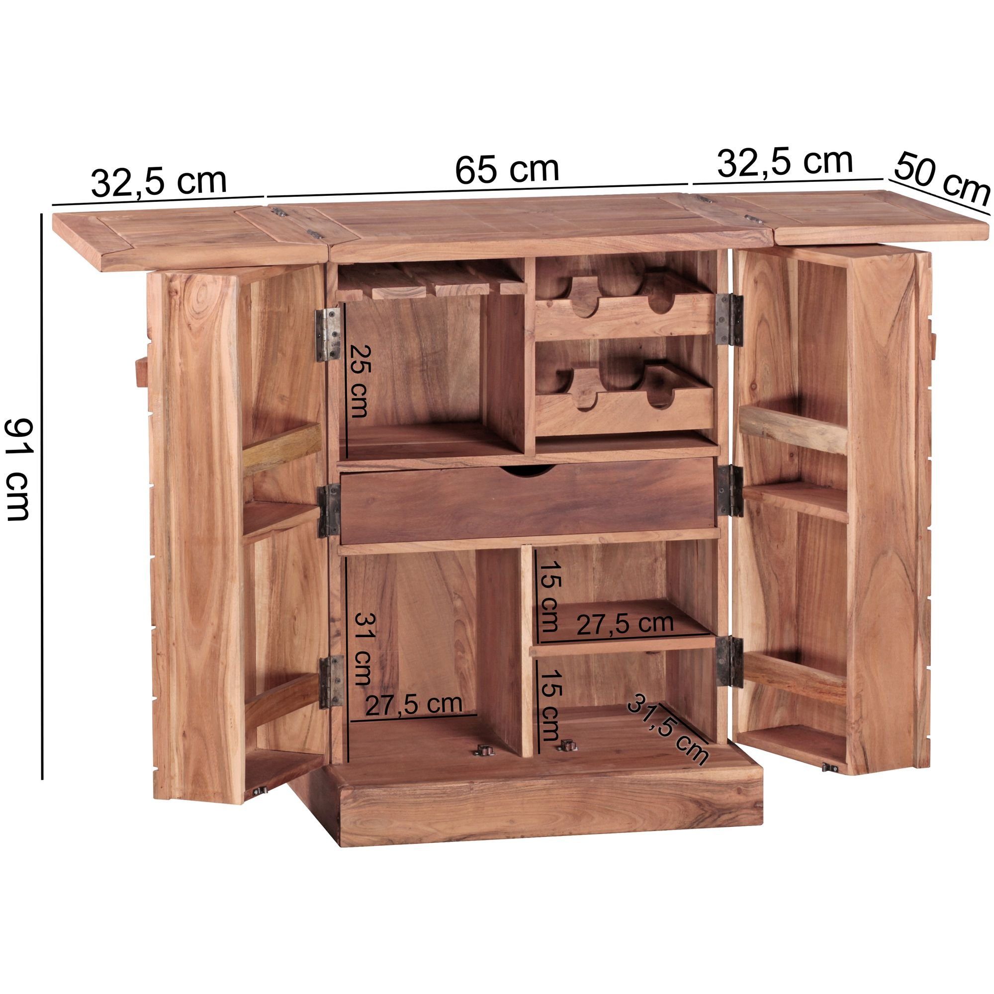Wohnling Barschrank WL1.736 (Hausbar Akazie Massivholz 65x91x50 cm mit Türen) Weinbar Ausklappbar, Barschrank, Kleine Bar Buffet