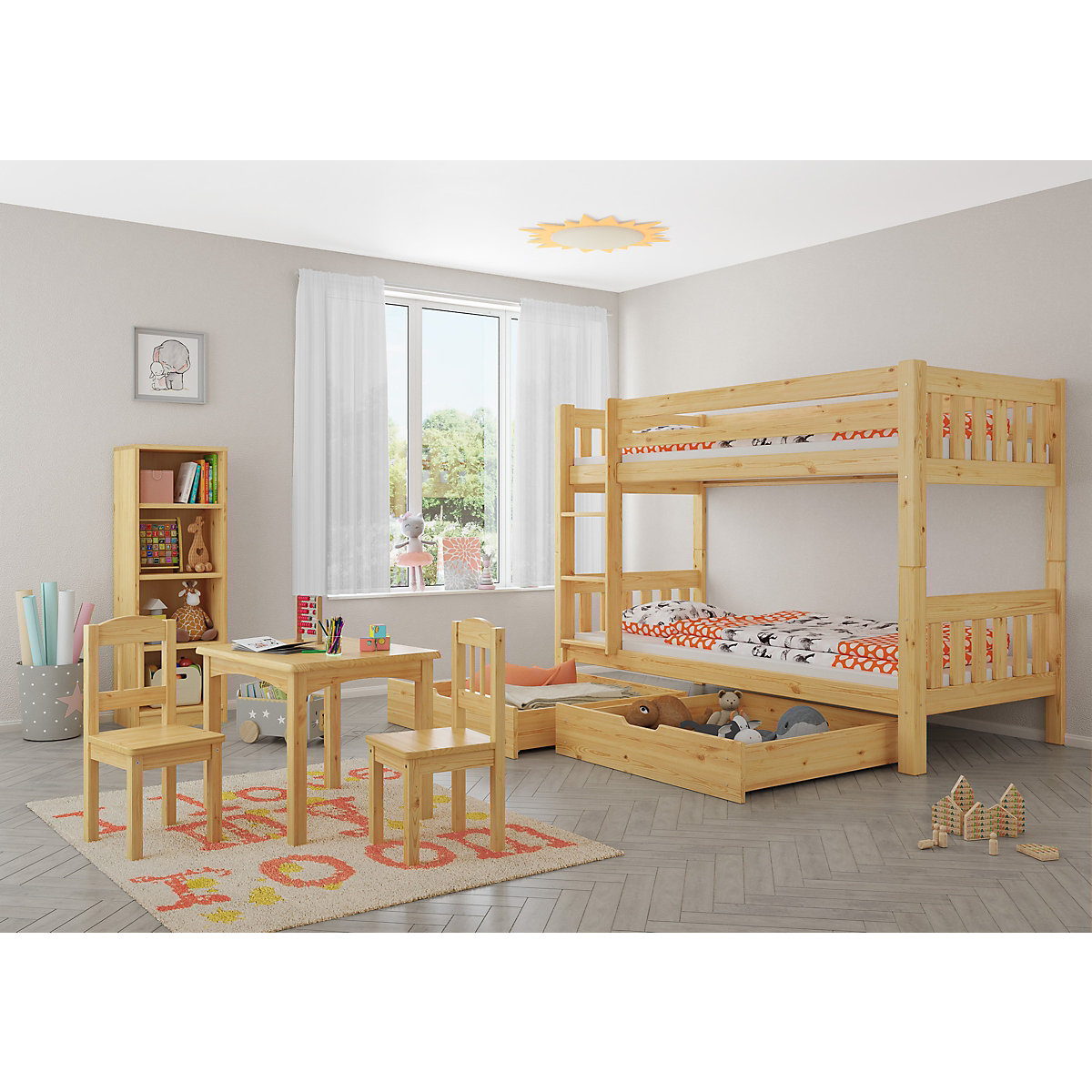 Etagenbett 90x200 Kiefer mit Rollrost, Matratzen und Bettkasten