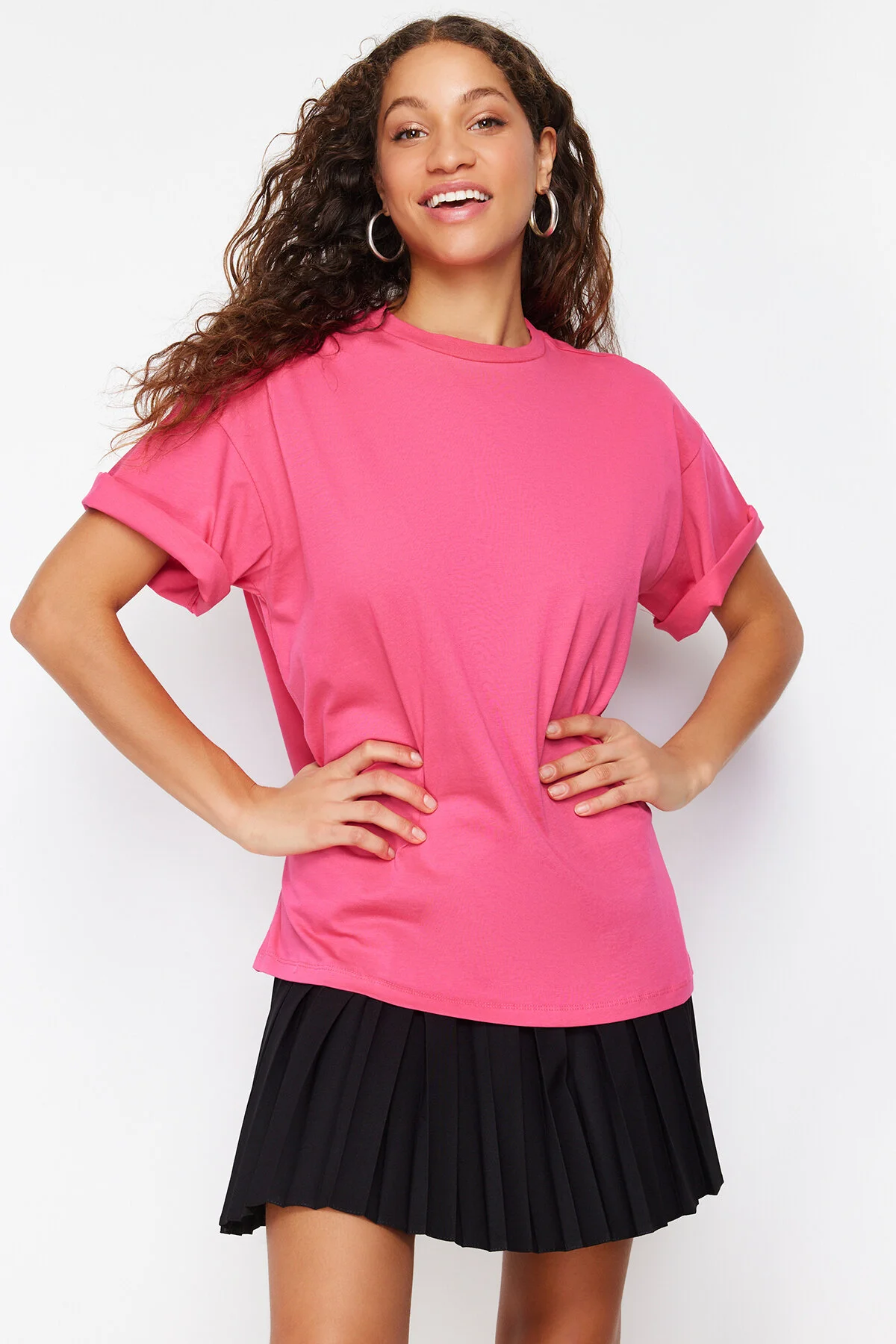 Trendyol Collection  Fuchsia, 100 % Baumwolle, Oversize/Weitform, Rundhals-Strick-T-Shirt TWOSS20TS0134