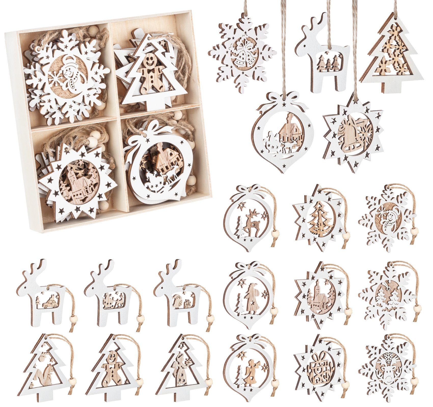 Homewit Christbaumschmuck Weihnachtsbaum Anhänger Holz Weihnachtsanhänger mit Juteseil (20-tlg), für Dekoration & Christbaumanhänger