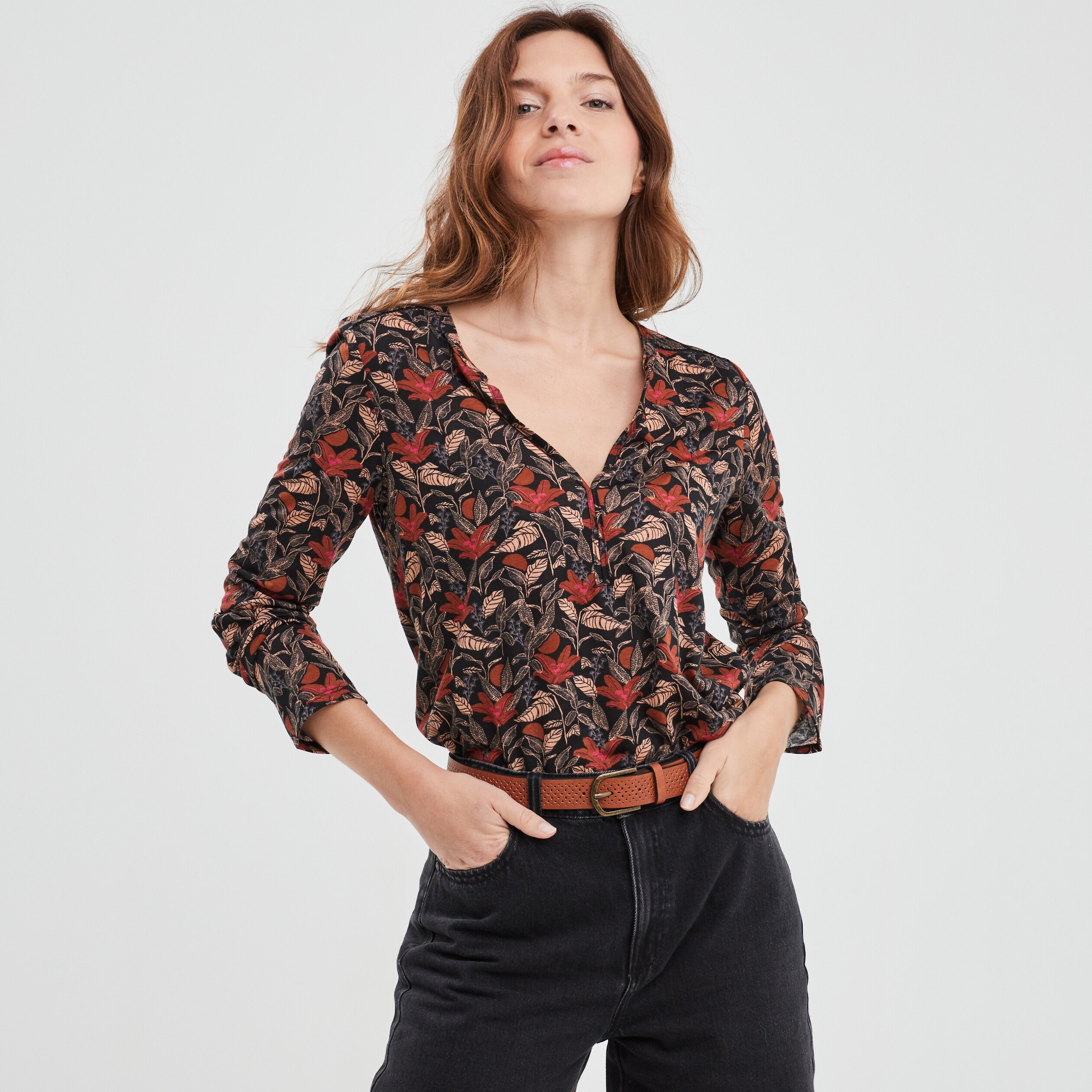 T-shirt manches longues à revers camel femme | La Halle
