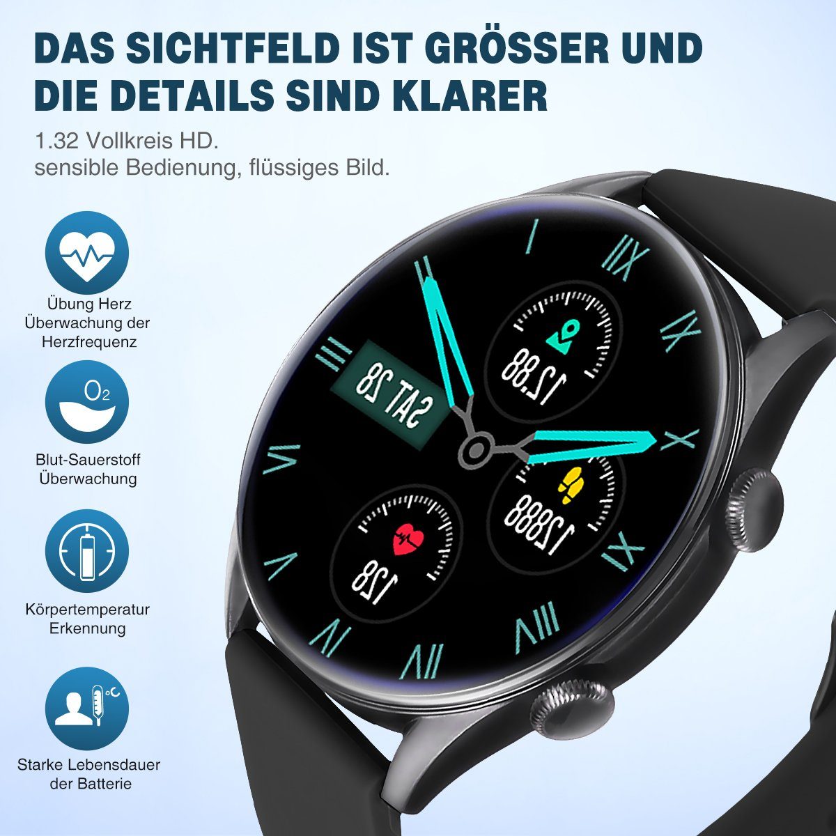 ombar Damen Herren Smartwatch mit Telefonfunktion,1,32 Zoll runde Armbanduhr Smartwatch (1.32 Zoll), mit 8 Sportmodi, Herzfrequenz, Schrittzähler, Schlafmonitor