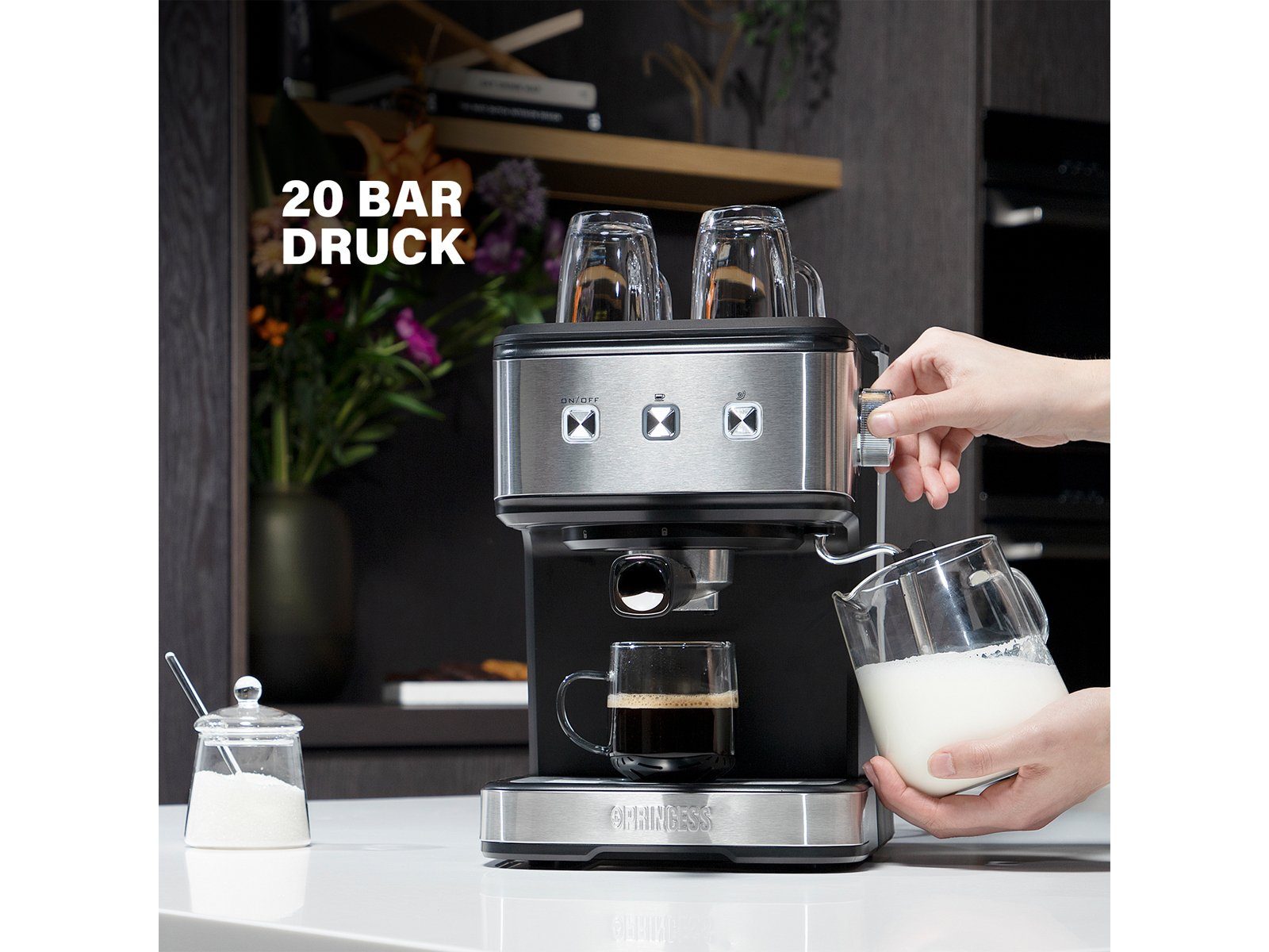PRINCESS Siebträgermaschine, italienische Siebdruck Kaffee & Espresso-Maschine mit Milchaufschäumer