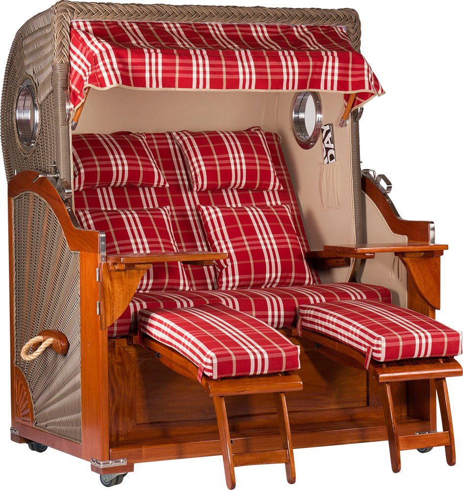 Trendyshop365 Strandkorb Luxus, BxTxH: 138,00x95,00x170,00 cm, Vollieger, Ostsee-Modell, (2-Sitzer), Mahagoni, komplett fertig montiert, mit 4 Rollen