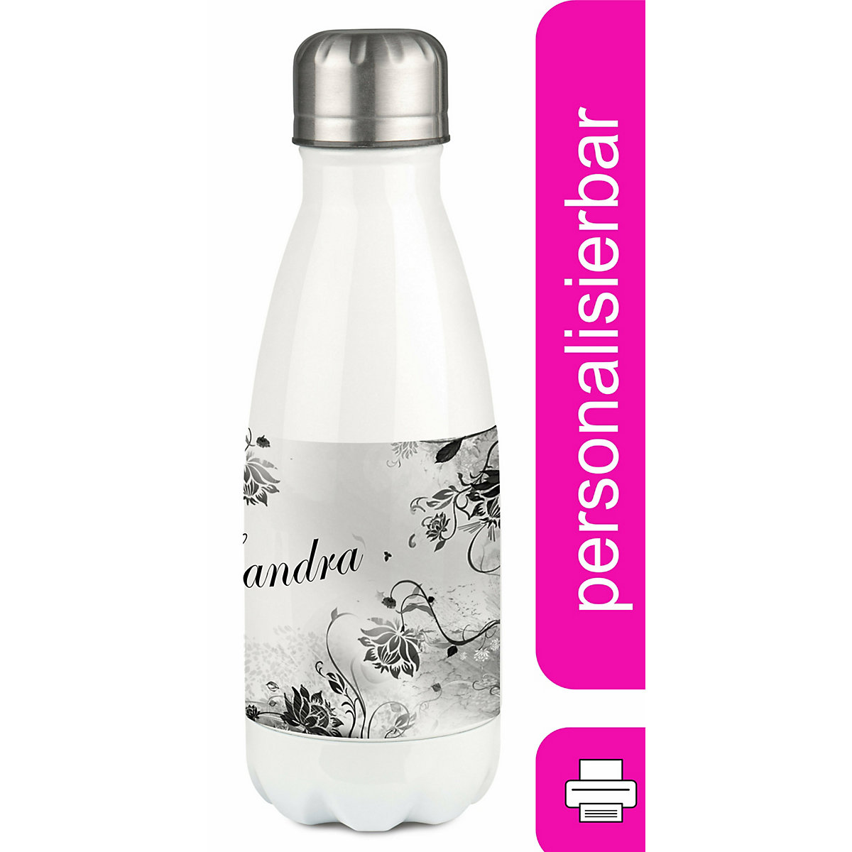 Edelstahl Kinder Thermoflasche / Trinkflasche bunt Blumenranke Farbe schwarz weiß Spülmaschinenfest, Auslaufsicher, Bruchfest, Doppelwandig, Für Heißgetränke geeignet, Mit Deckel, Isoliert