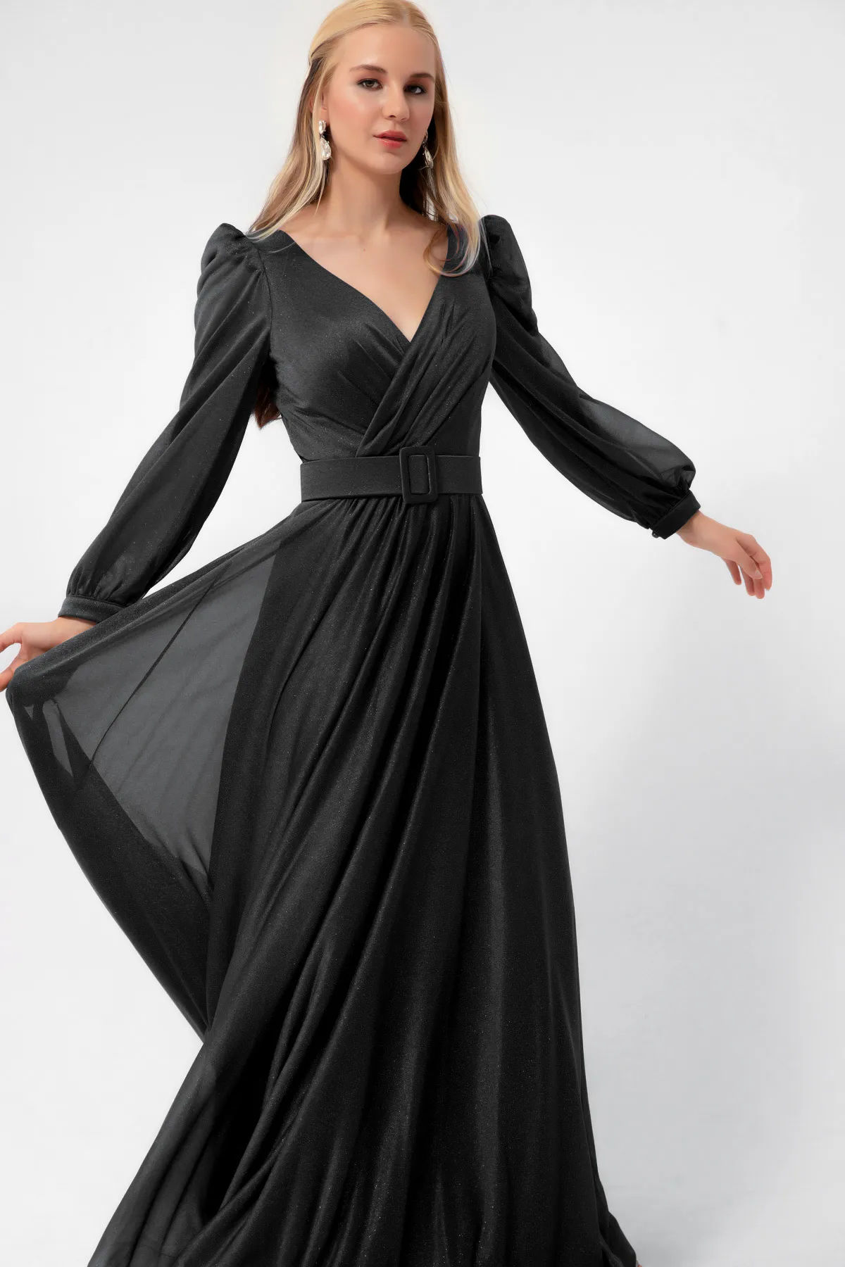 Lafaba  Schwarzes, zweireihiges, ausgestelltes Abendkleid für Damen mit silbernem Kragen