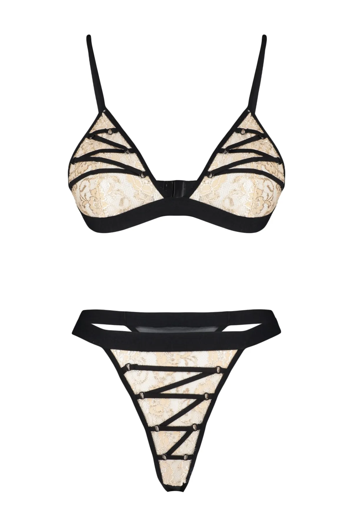 Trendyol Collection  Ecrufarbenes Dessous-Set aus Strick mit Spitzenpaspelierung und String-Trägern THMSS23CC00062