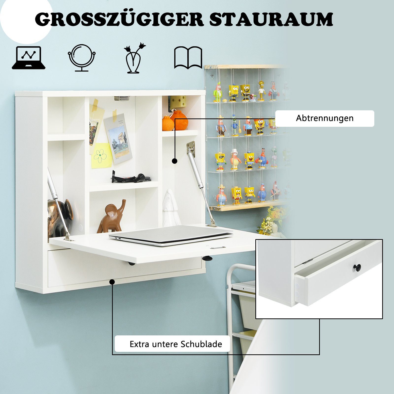 COSTWAY Klapptisch, Wandklapptisch mit Ablagefächern & Schublade