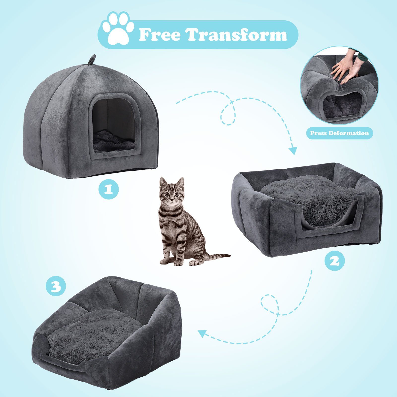 radelldar Tierbett Katzenhöhle Katzenbett große Katzen flauschig waschbar 42x42x45cm, Samt, Katzenhaus klappbar mit Kissen