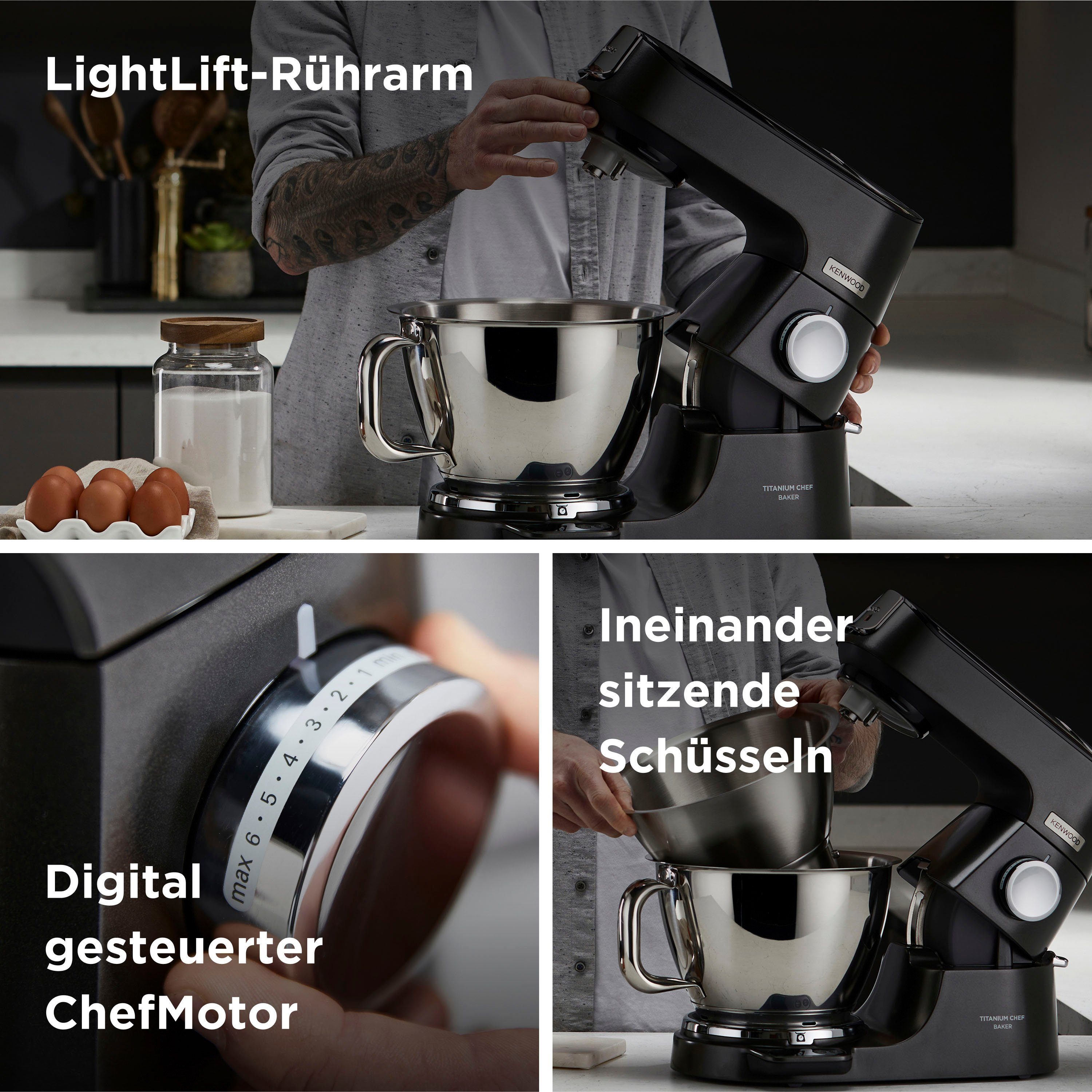 KENWOOD Küchenmaschine Titanium Chef Baker KVC85.004BK, 1200 W, 5 l Schüssel, Zubehör, Gratis Wert: UVP 319,- Gratis Mixaufsatz + Schnitzelwerk