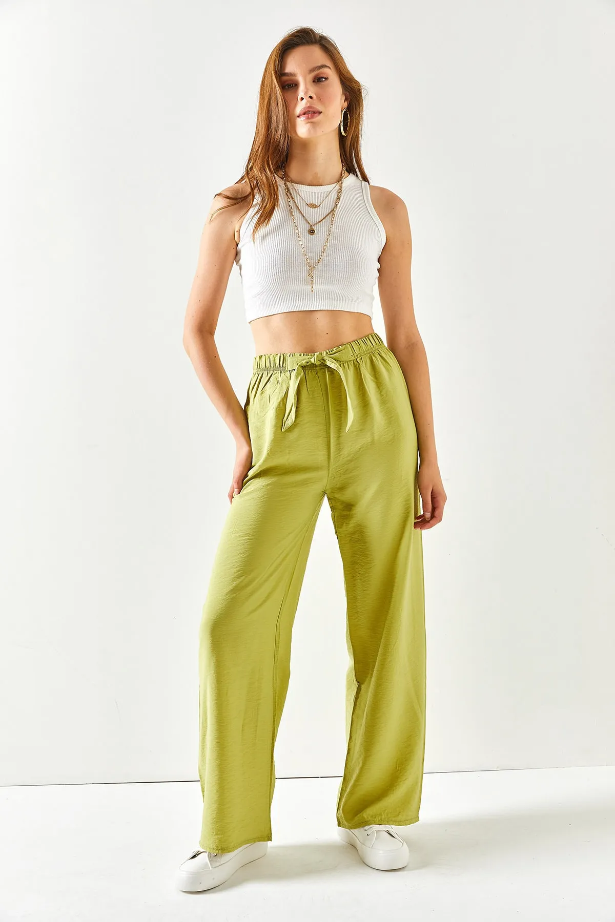 Olalook  Pistaziengrüne Palazzo-Ayrobin-Hose mit Gürtel und elastischem Bund für Damen PNT-19000200