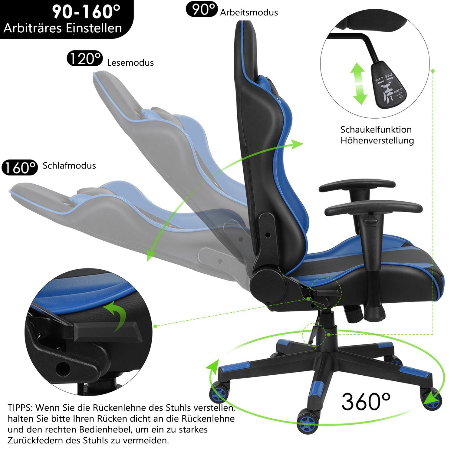 Femor Gaming Chair Gaming Stuhl, Gamer Stuhl 90°-160° Neigungswinkel