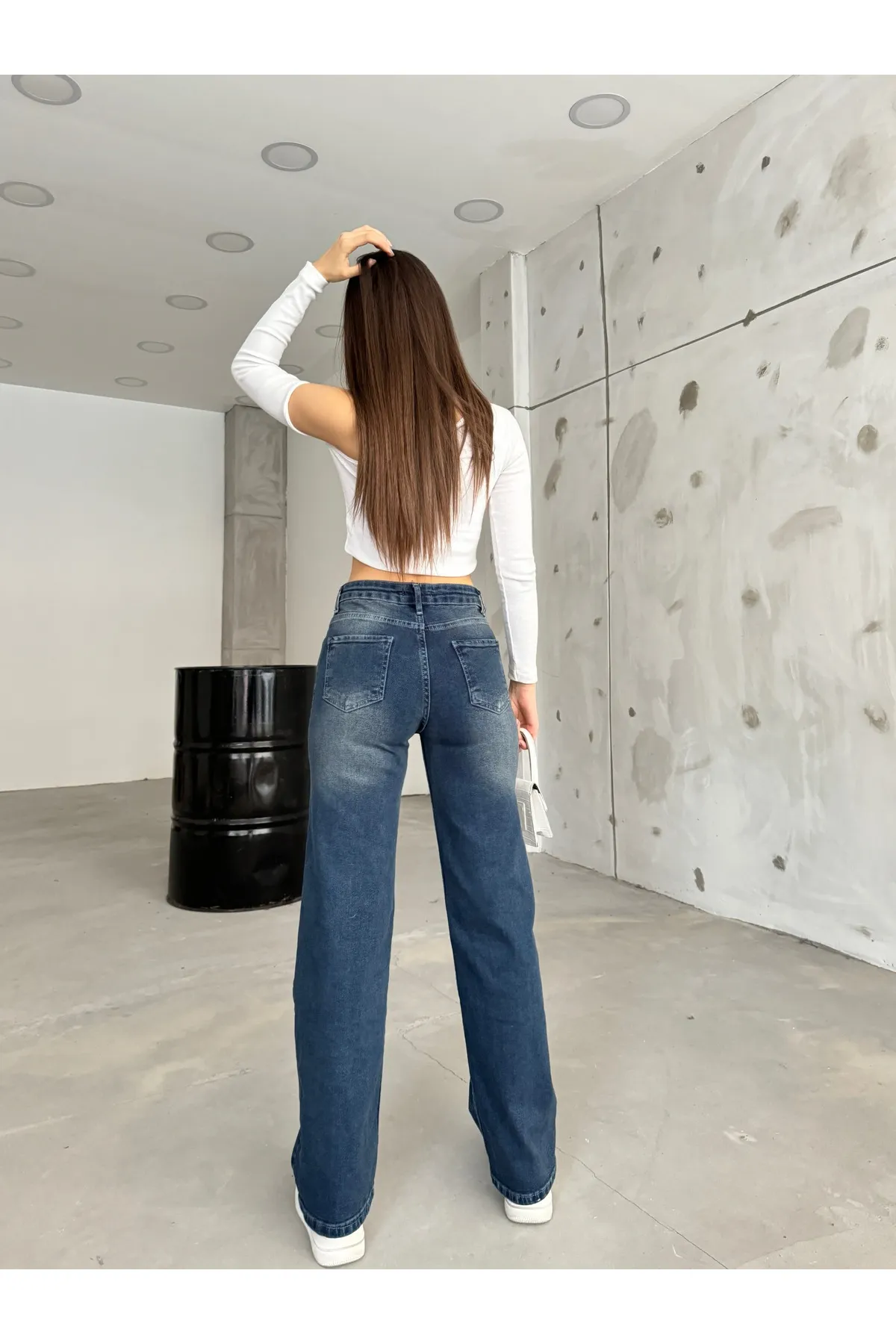 BİKELİFE  Damen Marineblaue, blasse Lycra-Jeans mit hoher Taille und weitem Bein, Salaş Palazzo Jeans