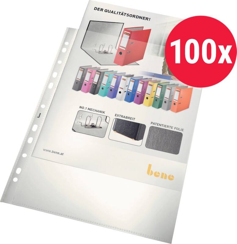 Bene Prospekthüllen DIN A4 Glasklar Glasklar 60 Mikron PP (Polypropylen) Oben 11 Löcher 100 Stück