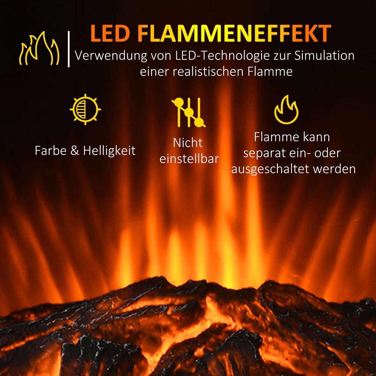 HOMCOM LED Elektrokamin Standkamin Kaminofen mit Flammeneffekt 1000/2000W Innenraumheizung Heizlüfter Panorama-Sichtfenster Elektrischer Kamin mit Heizung 2 Heizstufen Stahl Schwarz 44,5 x 32 x 74 cm