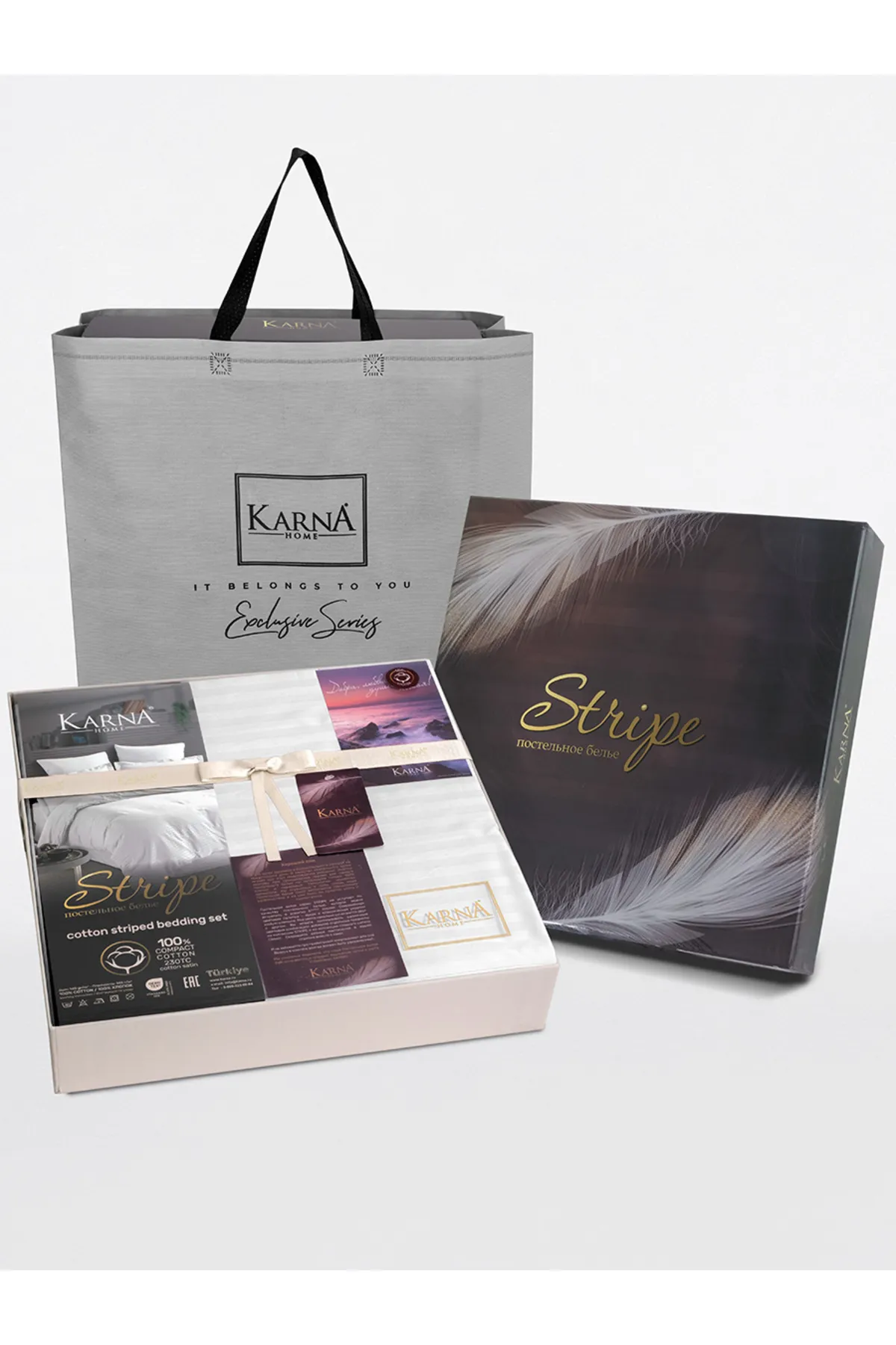 Karna Home  Streifen-gestreiftes Bettbezug-Set aus doppeltem Baumwollsatin, Weiß