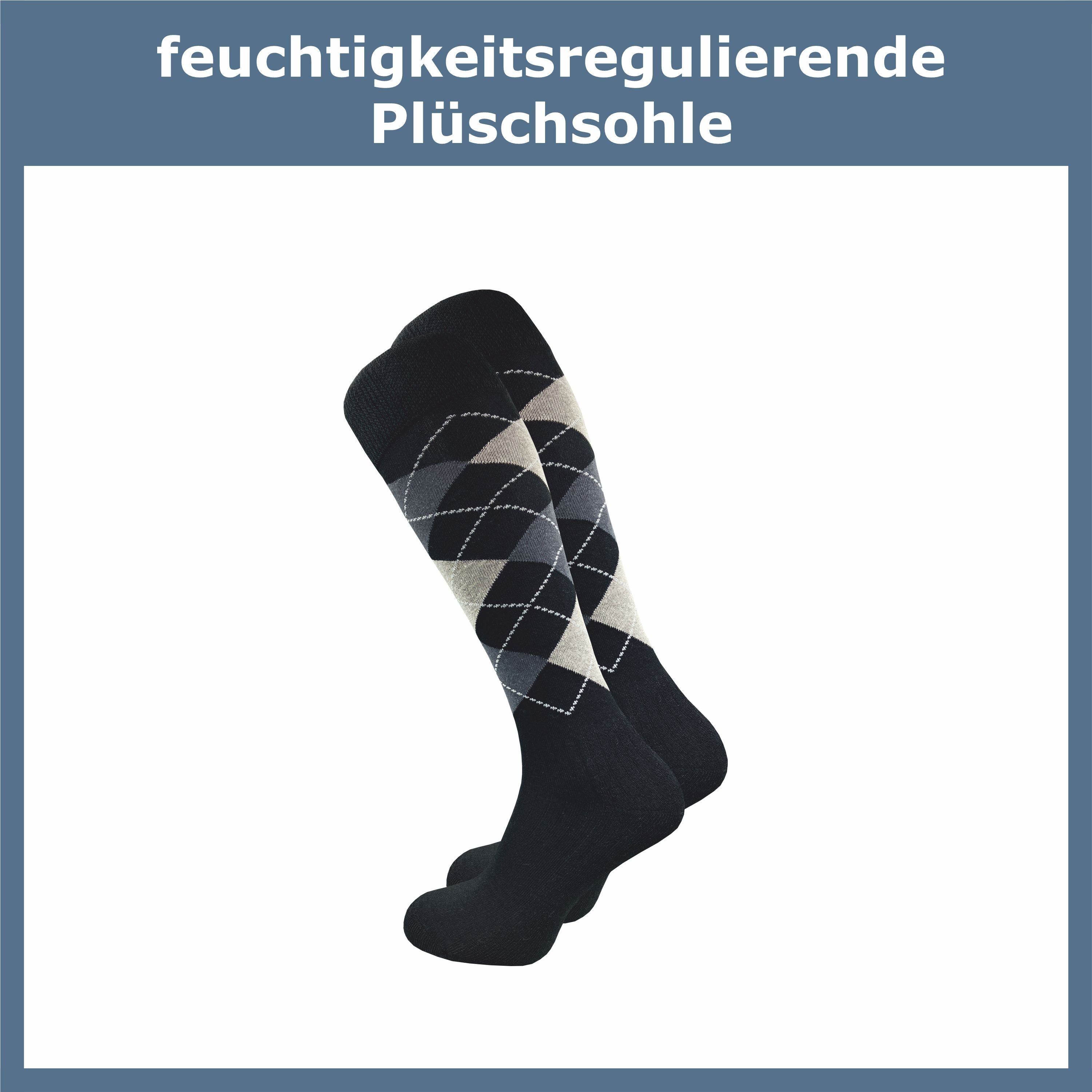 GAWILO Kniestrümpfe für Damen & Herren mit Plüschsohle zum Reiten, Wandern oder Alltag (4 Paar) Reitsocken in schwarz und kariert - mit Baumwolle & Komfortbund