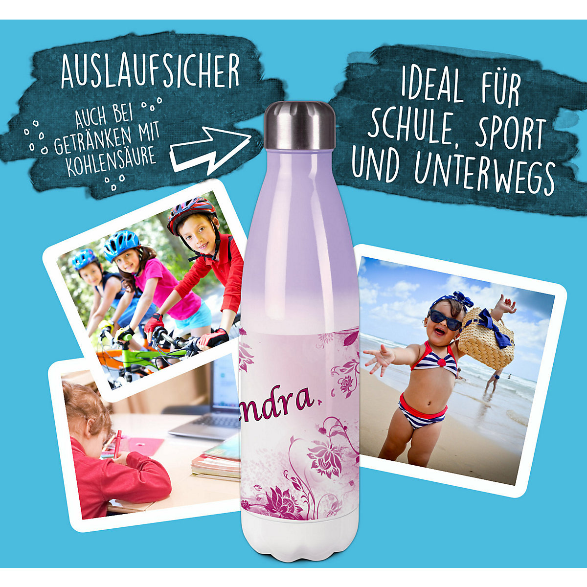Edelstahl Kinder Thermoflasche / Trinkflasche bunt Blumenranke Farbe brombeere Spülmaschinenfest, Auslaufsicher, Bruchfest, Doppelwandig, Für Heißgetränke geeignet, Mit Deckel, Isoliert