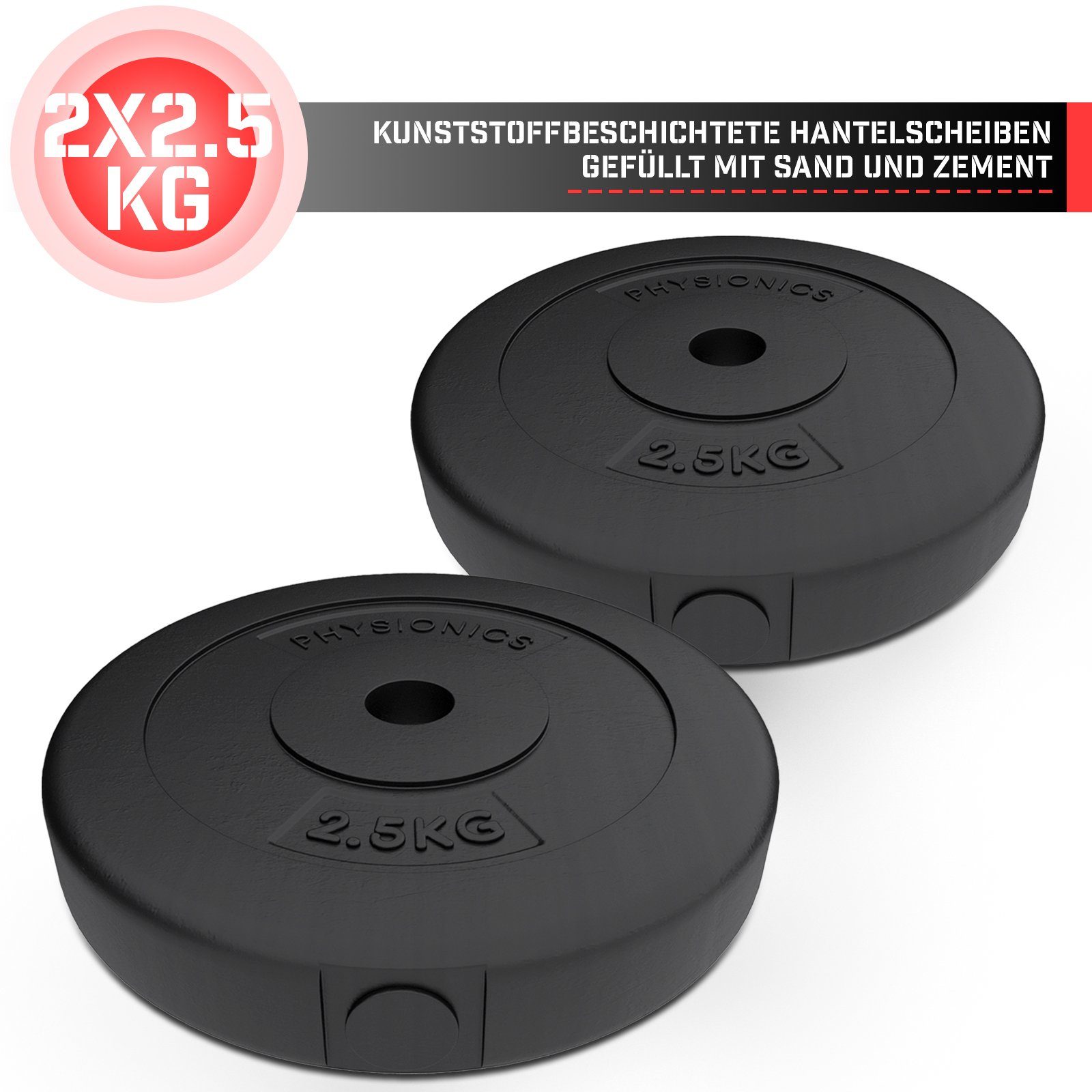 Physionics Hantelscheiben Hantelscheiben - 2er Set(2.5/5/10/15 kg), Ø 30 mm, Kunststoff, Schwarz