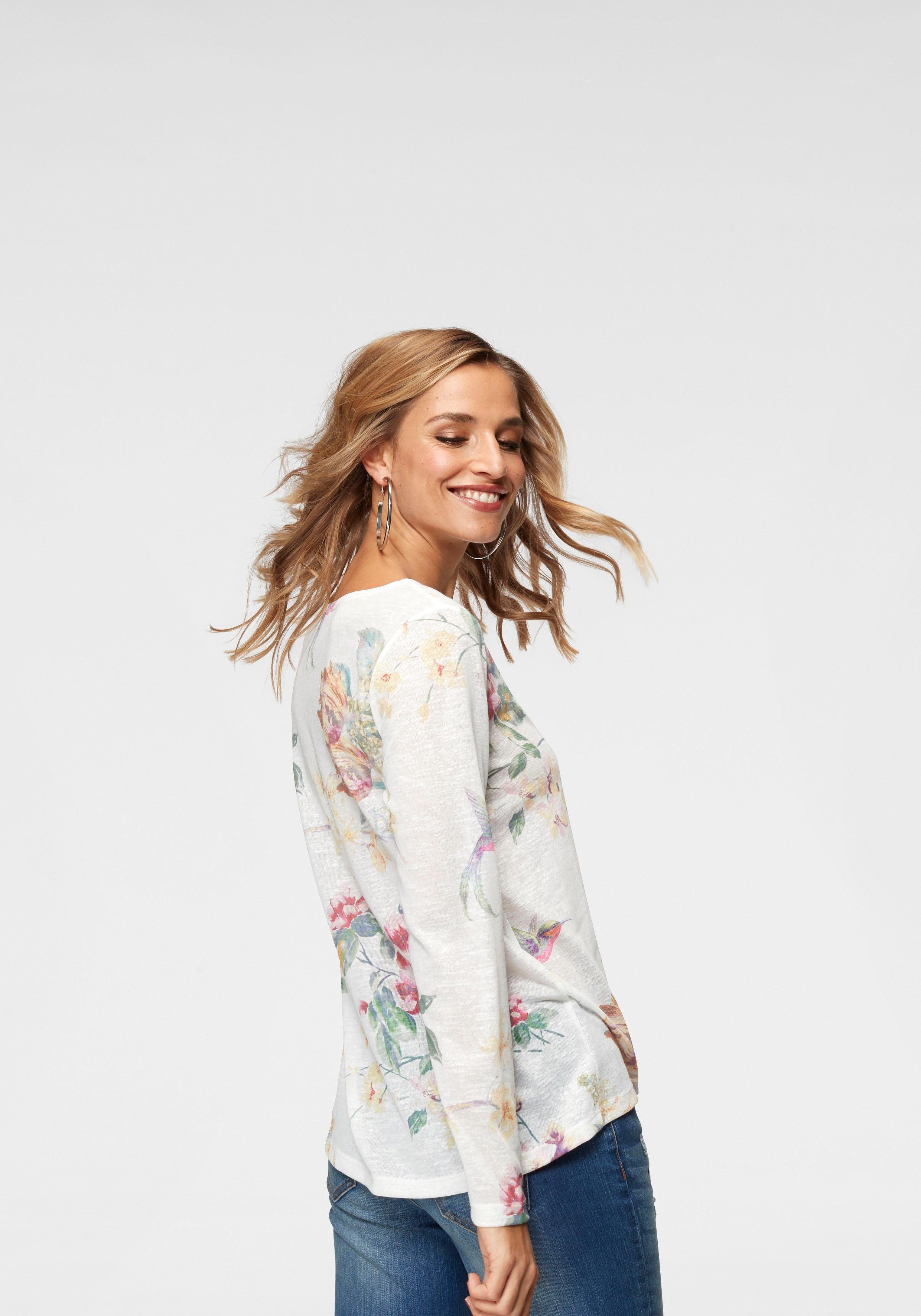 Aniston CASUAL Langarmshirt mit großflächigem Blumendruck und Vögeln