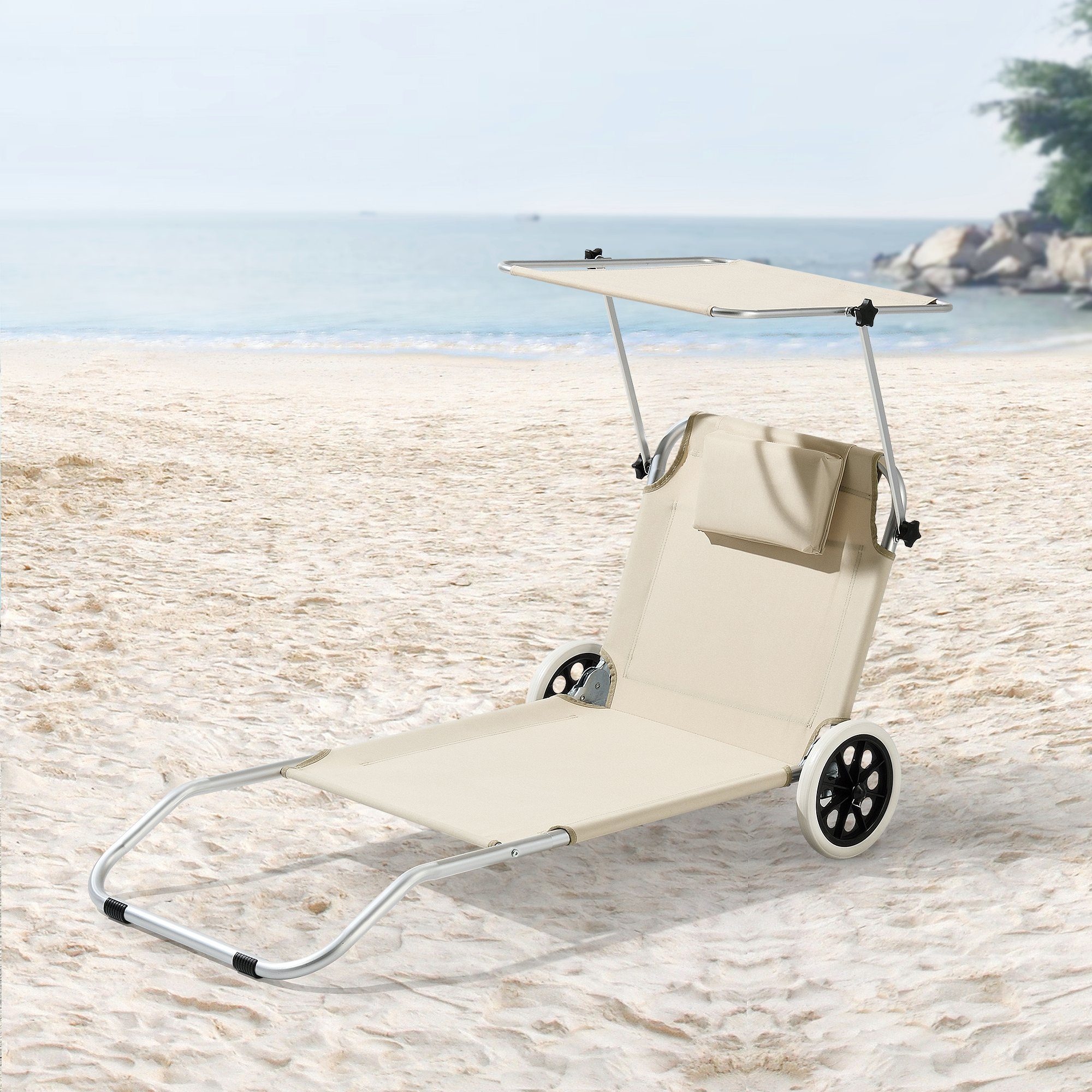 en.casa Gartenliege, Lazkano Sonnenliege mit Rollen Aluminium 150x62cm Beige