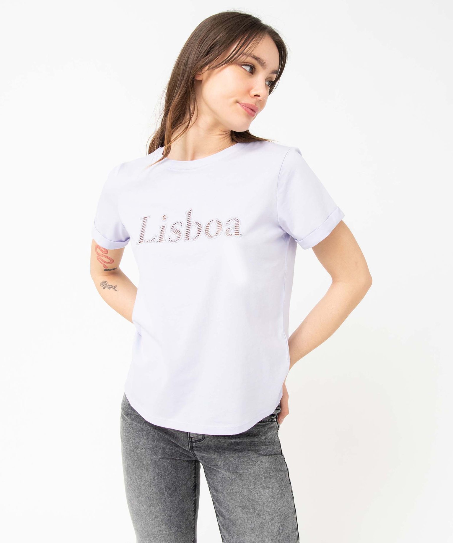 Tee-shirt femme à manches courtes à revers et inscription ... violet | GEMO