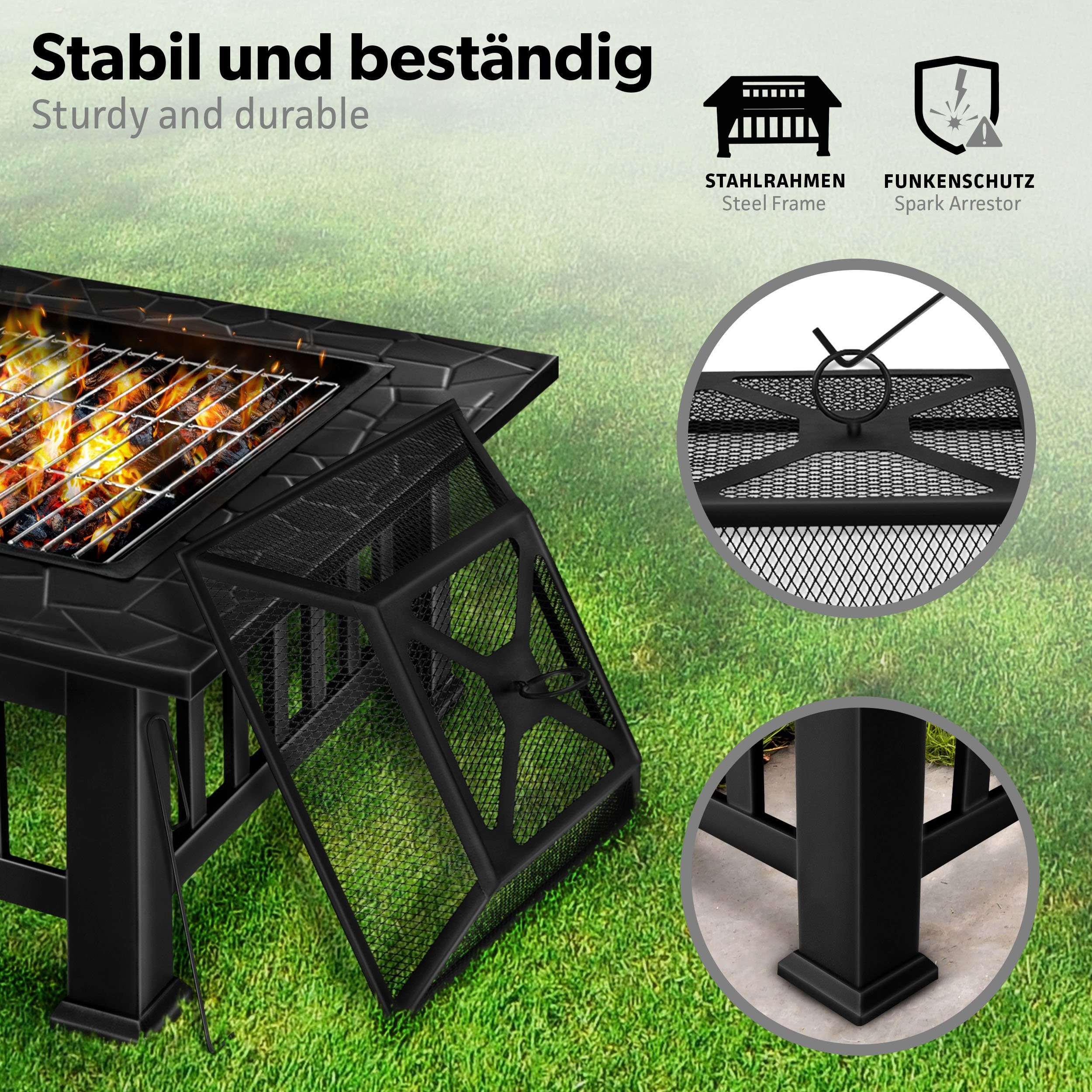 tillvex Feuerschale Feuerkorb 3 in 1 mit Funkenschutz Grill Feuerstelle mit Abdeckung, (Feuerstelle), mit Funkenschutz & Grillrost, Outdoor für den Garten, BBQ Grill