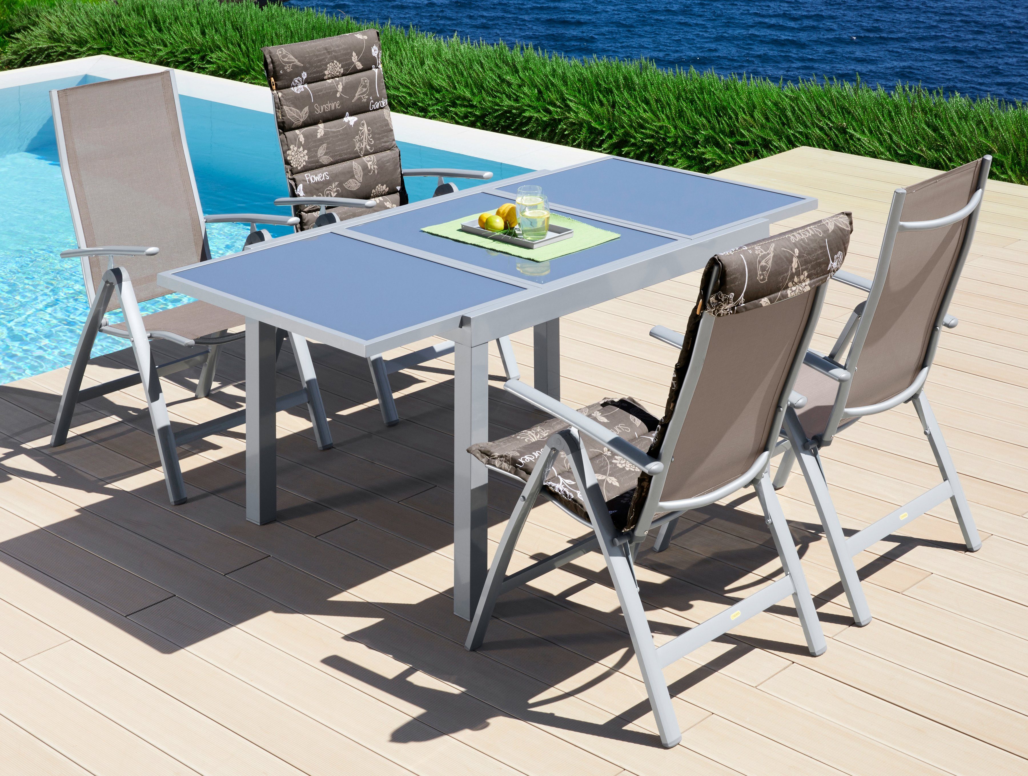 MERXX Garten-Essgruppe Amalfi, (5-tlg), 4 Klappsessel, Tisch ausziehbar 90x120-180 cm, Alu/Textil