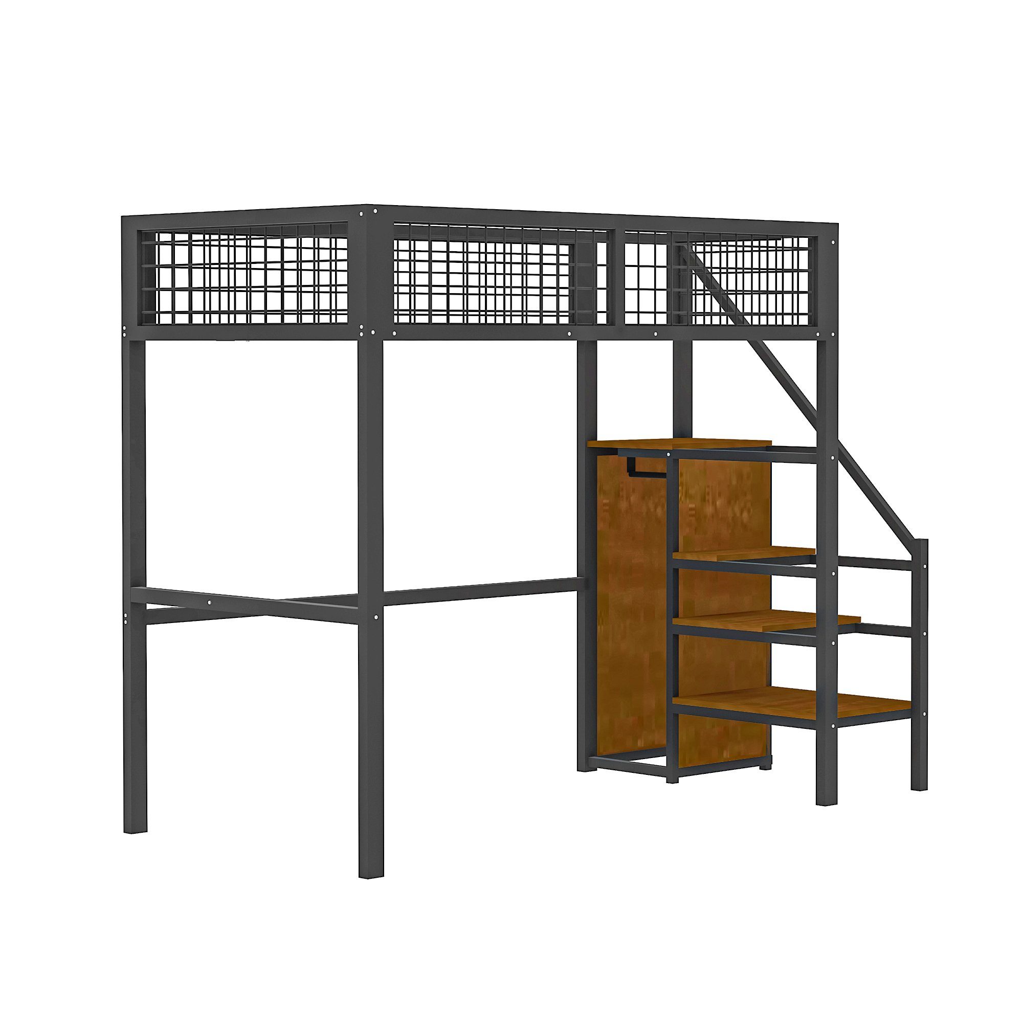 HAUSS SPLOE Metallbett Hochbett Metallbett Kinderbett Einzelbett mit Kleiderschrank (90*200 cm, Kinderbett mit Eisenrahmen und Aufbewahrungsregal, Kleiderschrank), ohne Matratze, Kein Stuhl