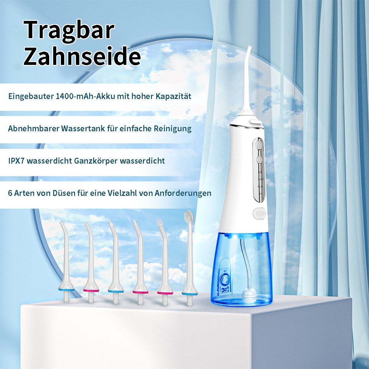flowgoer Reise-Munddusche Elektrische Munddusche, 4 Modi, IPX7-zertifiziert, Tiefenreinigung, Inklusive 6 Düsen, gründliche Reinigung und Zahnsteinentfernung