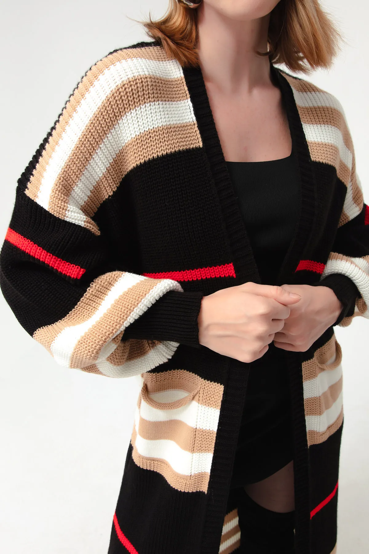 Lafaba  Schwarz-brauner langer Strick-Cardigan mit Ballonärmeln für Damen