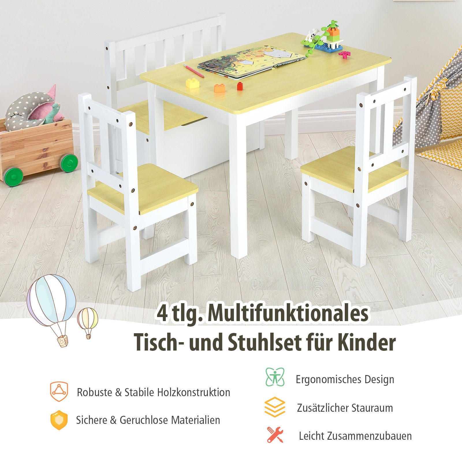 COSTWAY Kindersitzgruppe, Kindertisch mit 2 Stühlen, Sitzbank mit Stauraum