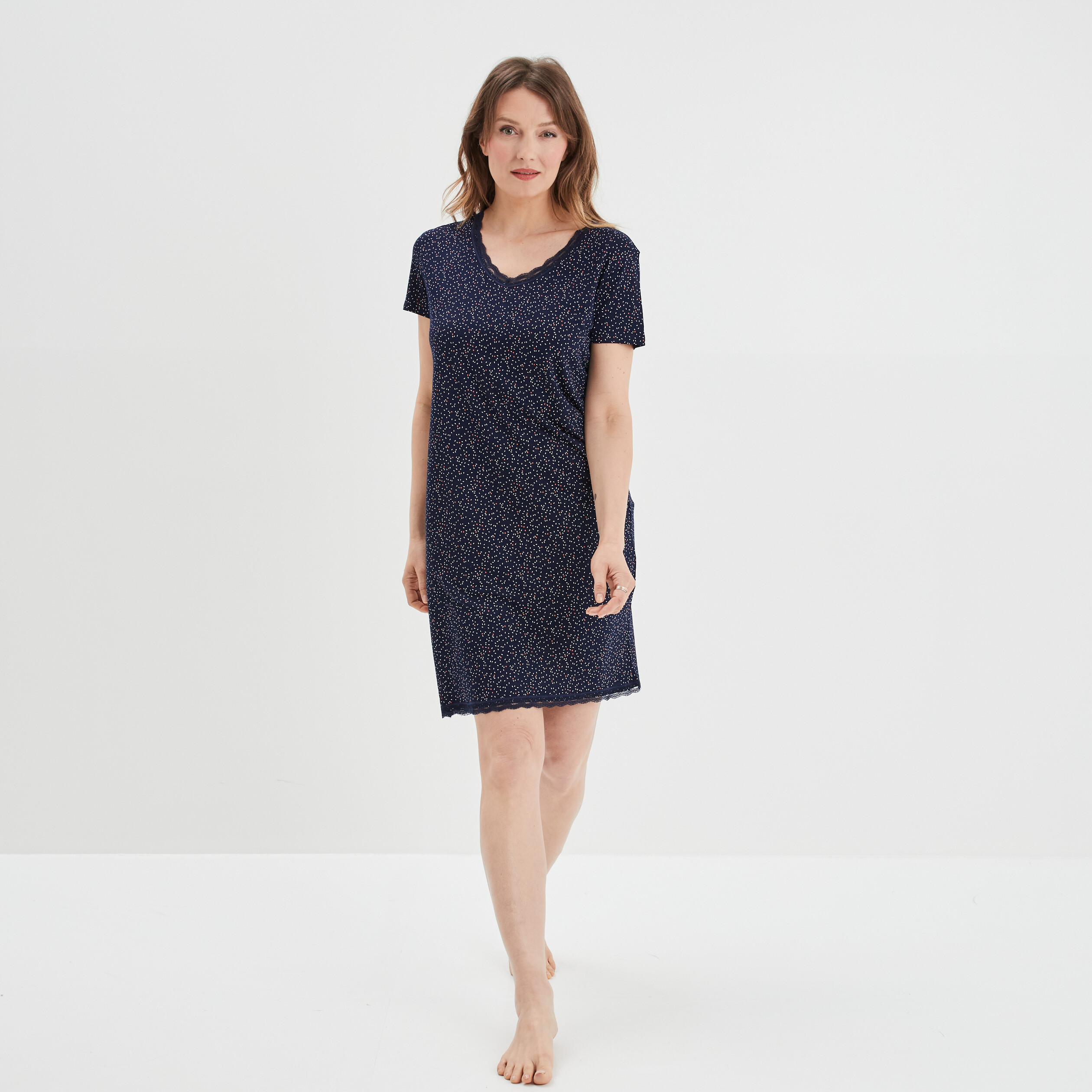 Chemise de nuit droite manches courtes bleu marine femme | La Halle