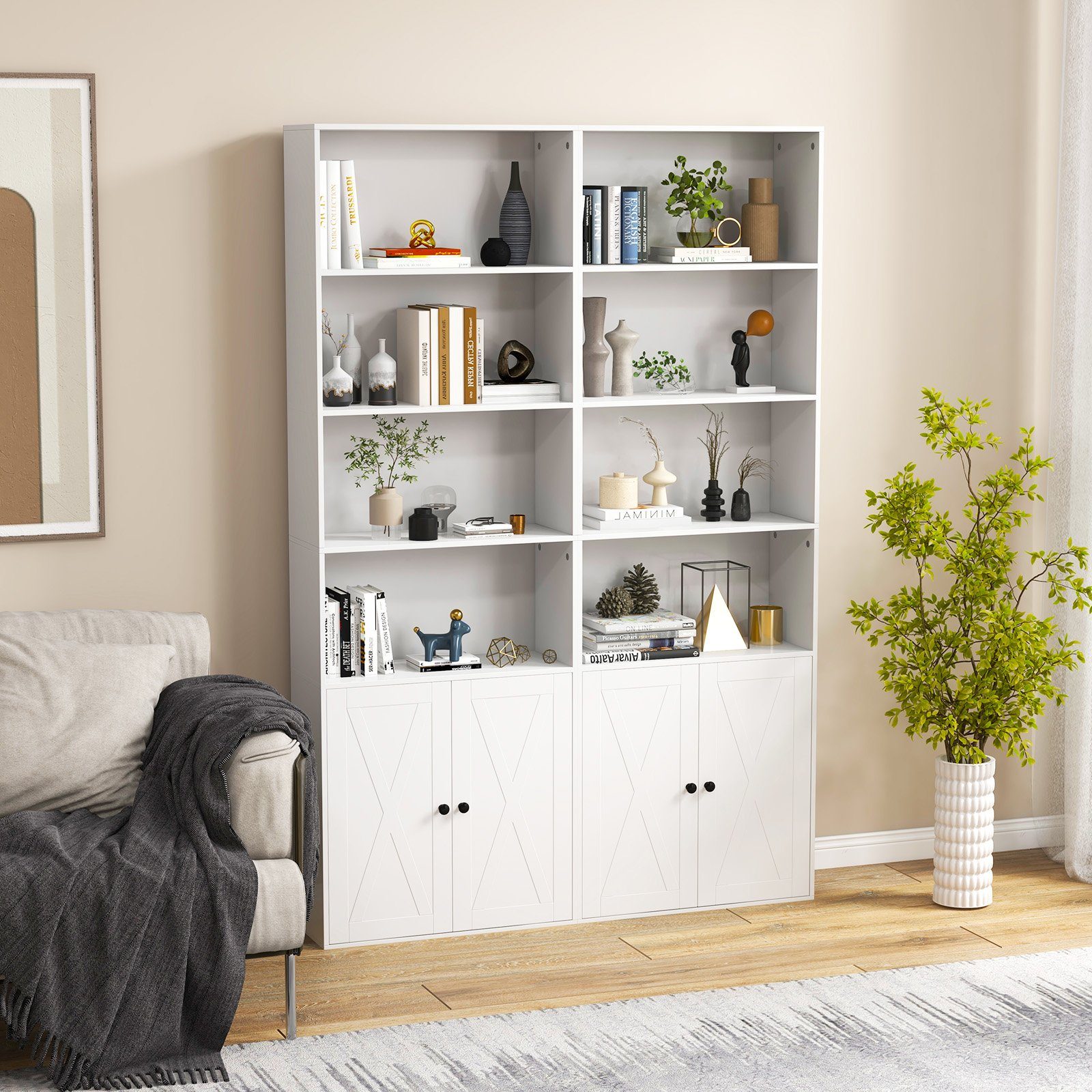 COSTWAY Bücherregal, 180cm Bücherschrank mit Türen & 4 offenen Fächern