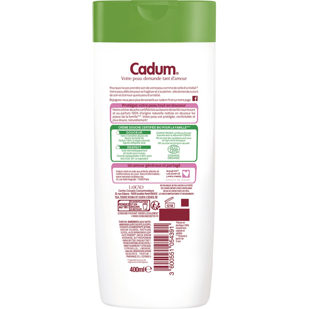 cadum Natural Caresse Gel Douche Certifié Bio Karité