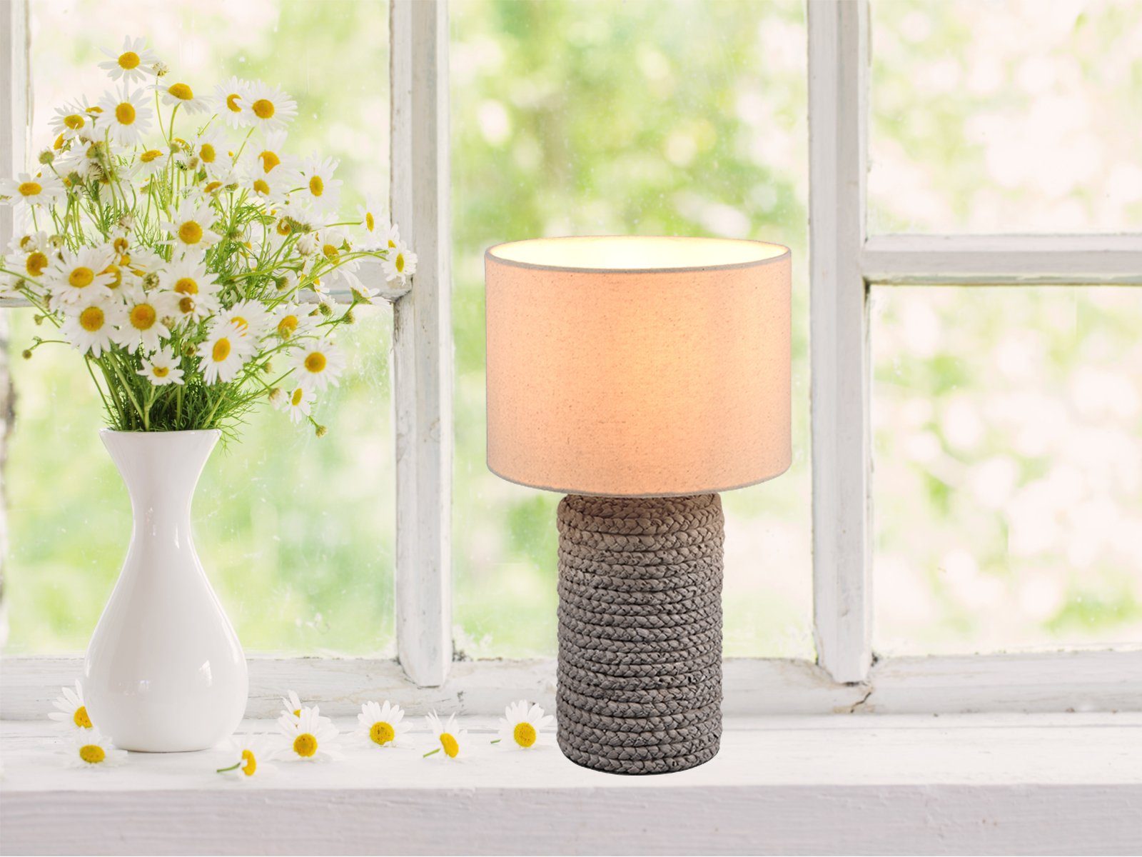 meineWunschleuchte LED Nachttischlampe, Dimmfunktion, LED wechselbar, Warmweiß, ausgefallene Keramik Designer Lampe dimmbar, Stoff Lampenschirm H:38cm
