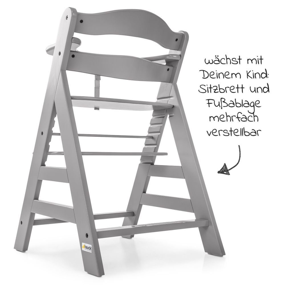 Hauck Hochstuhl Alpha Plus Grey (Set), Mitwachsender Holz Kinderhochstuhl mit Sitzauflage höhenverstellbar