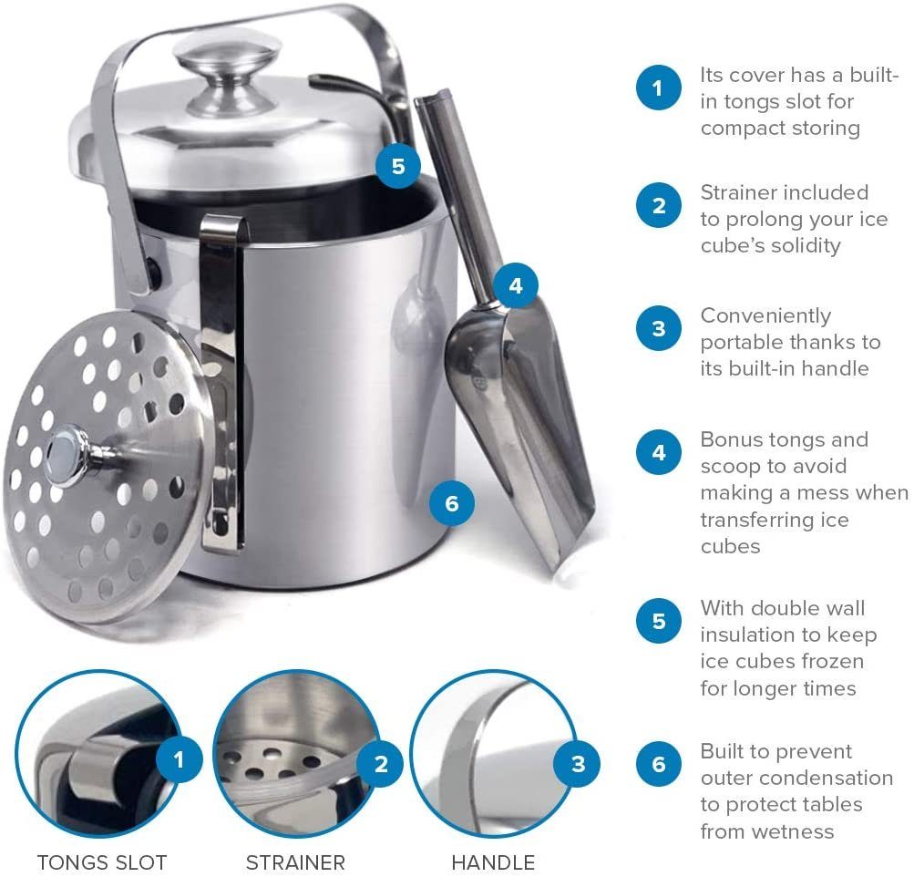 JOEJI’S KITCHEN Eiswürfelbehälter Eiswürfelbehälter mit Deckel Edelstahl 1.3 L und Zange Sektkühler, Edelstahl Eimer