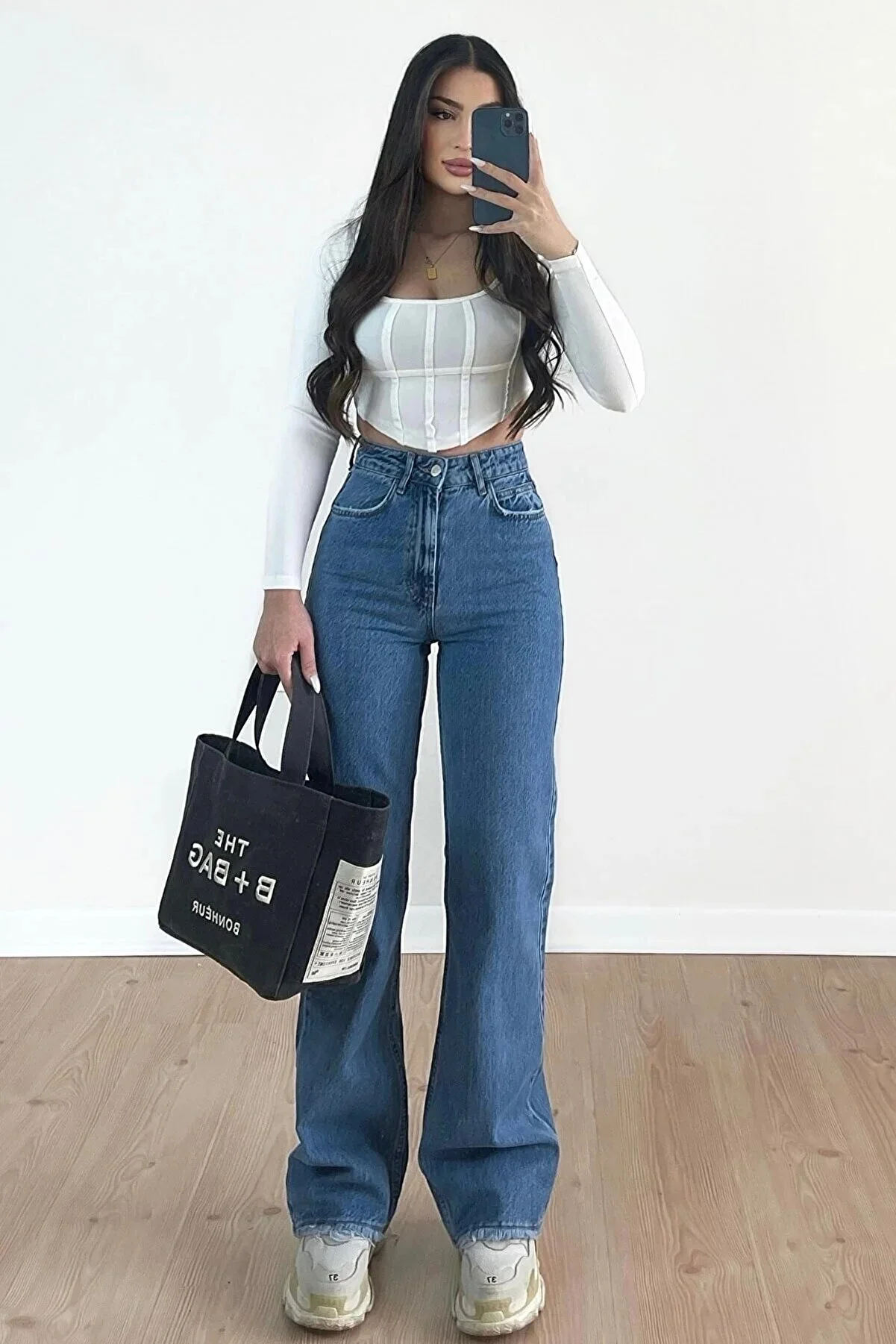 LAMİRA  Christian 90er-Jahre – Mittelblaue Palazzo-Jeans aus Lycra mit weitem Bein und superhoher Taille