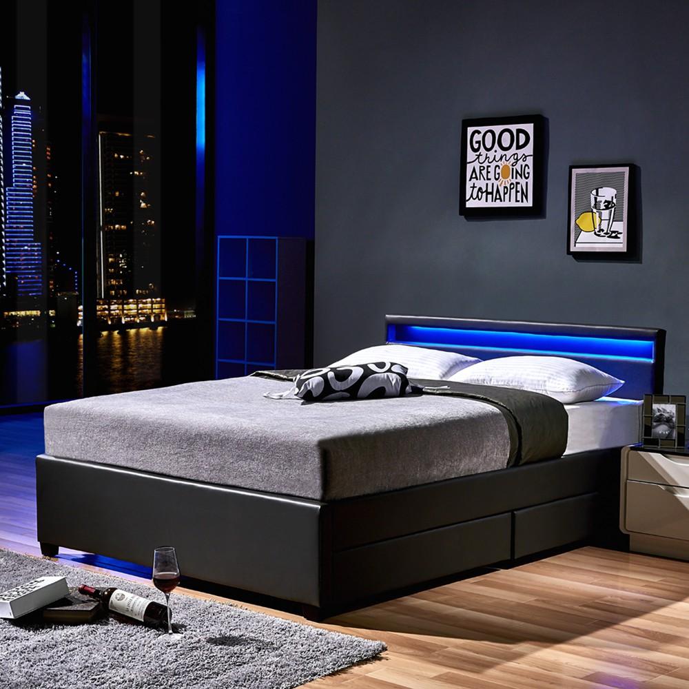 Home Deluxe LED Bett NUBE mit Schubladen 180 x 200 Dunkelgrau