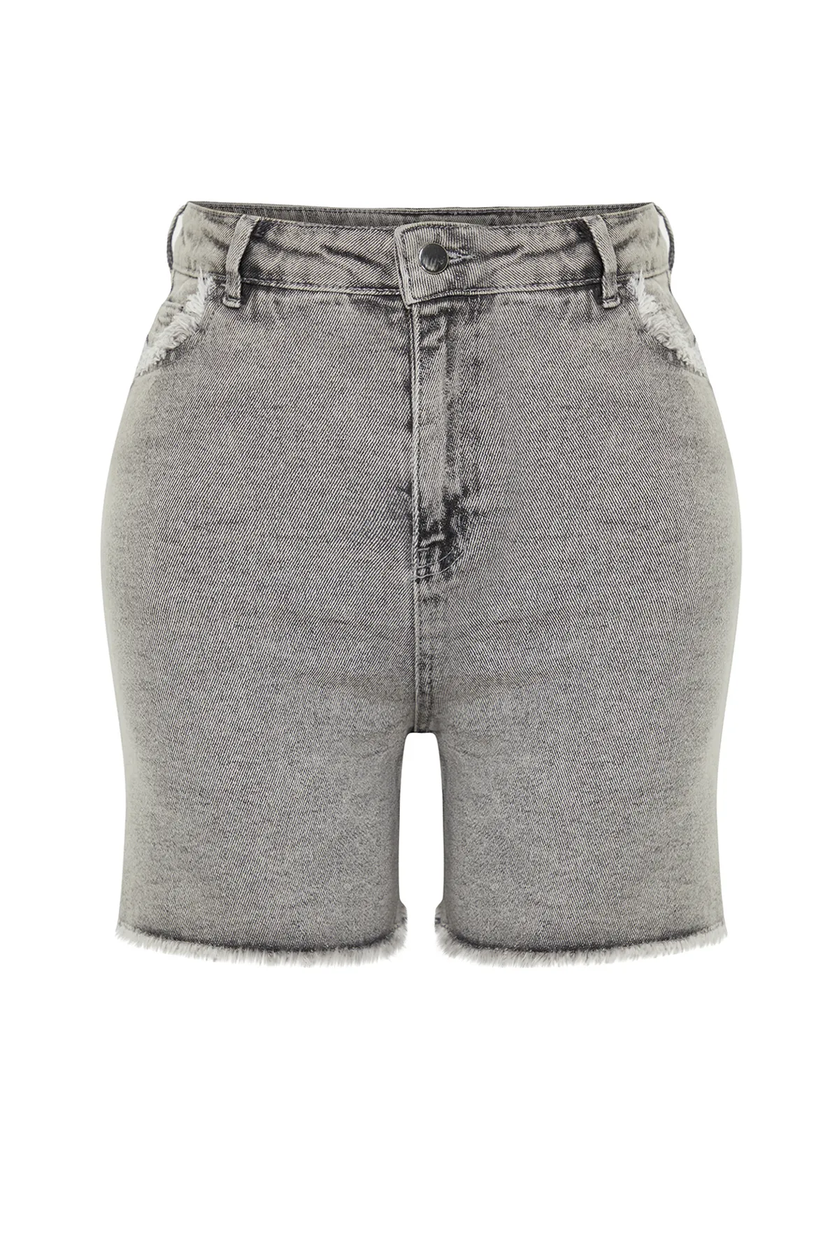Trendyol Curve  Graue Mini-Jeansshorts mit Taschen und Quastendetails TBBSS24AP00010