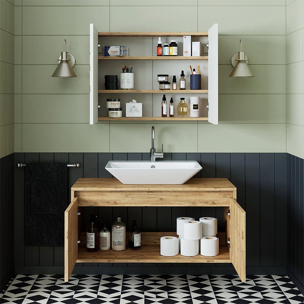 Roomart Badmöbel-Set, (Badmöbel Set 3-teilig 100cm Unterschrank mit Waschbecken Spiegelscrank)