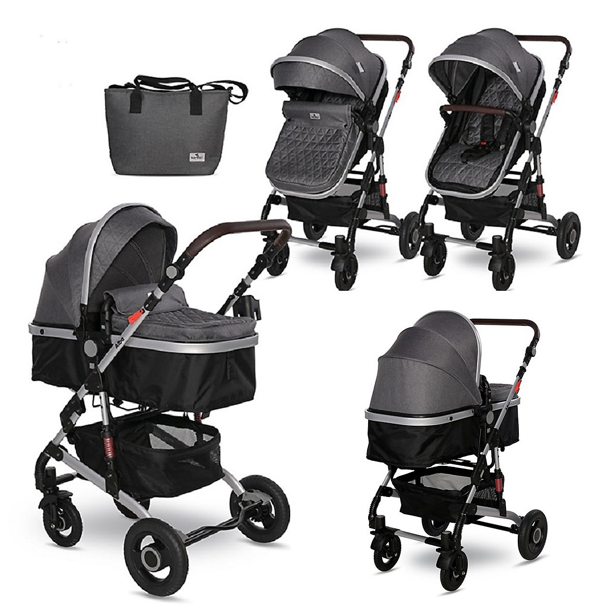 Kinderwagen Alba 2 in 1, Babywanne als Sportsitz einsetzbar, Gummireifen Kombikinderwagen