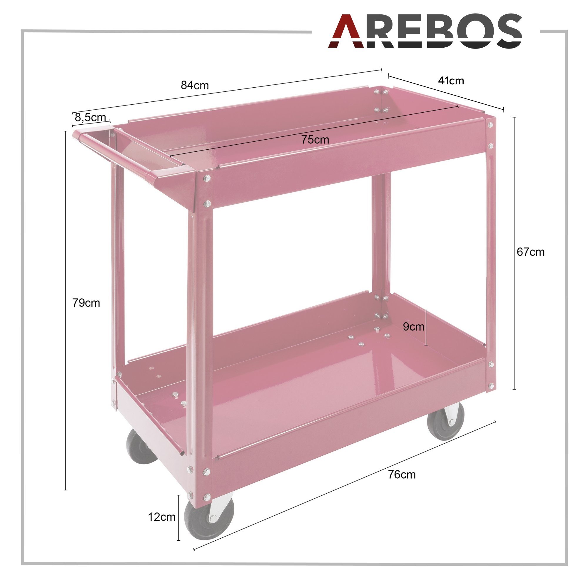 Arebos Werkstattwagen Werkstatt-Rollwagen, Werkzeugwagen, Belastbarkeit bis zu 100 kg, 2 Fächer, max. Traglast:100,00 kg