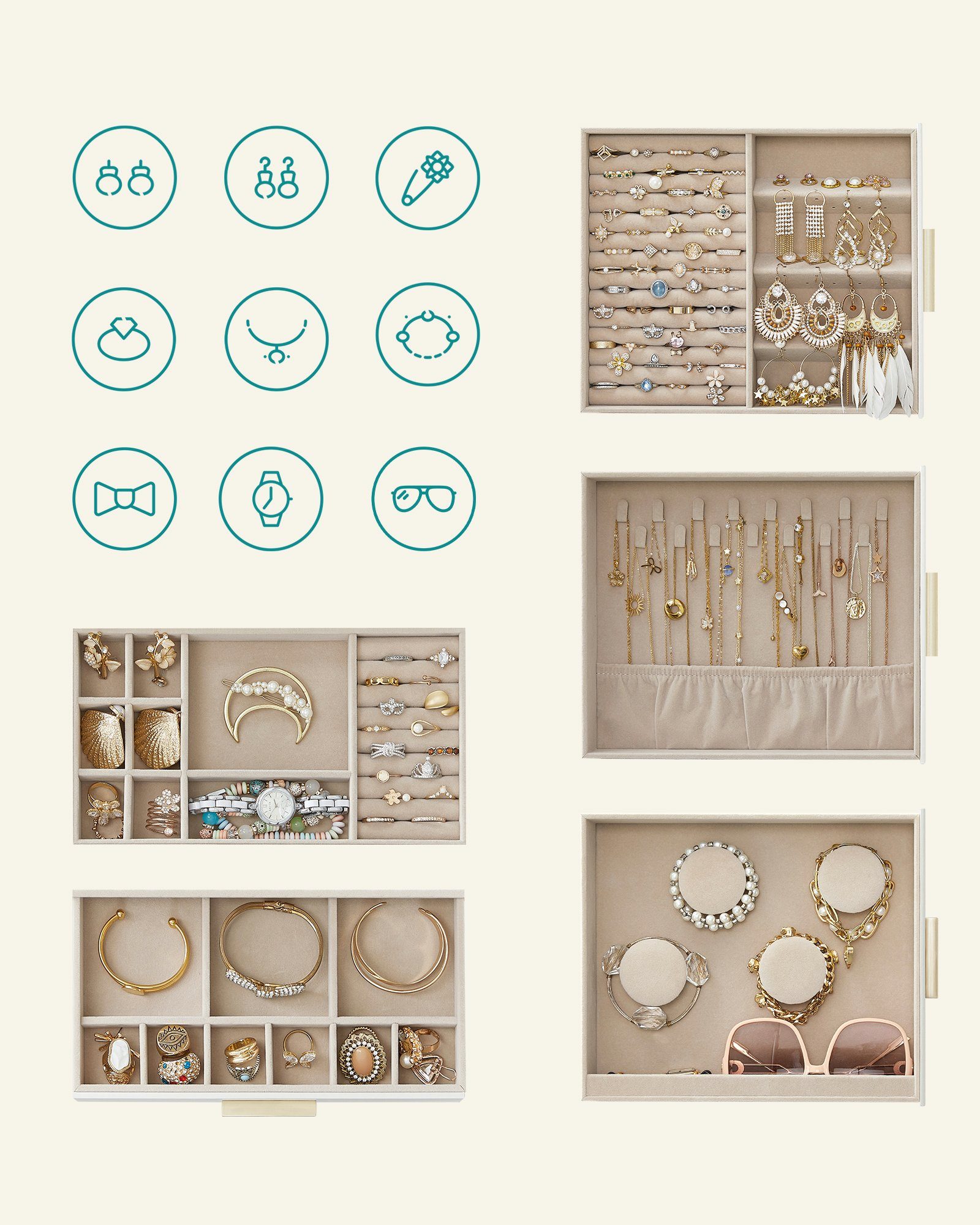 SONGMICS Schmuckkasten, 5 Ebenen, mit Glasdeckel, seitliche Schubladen