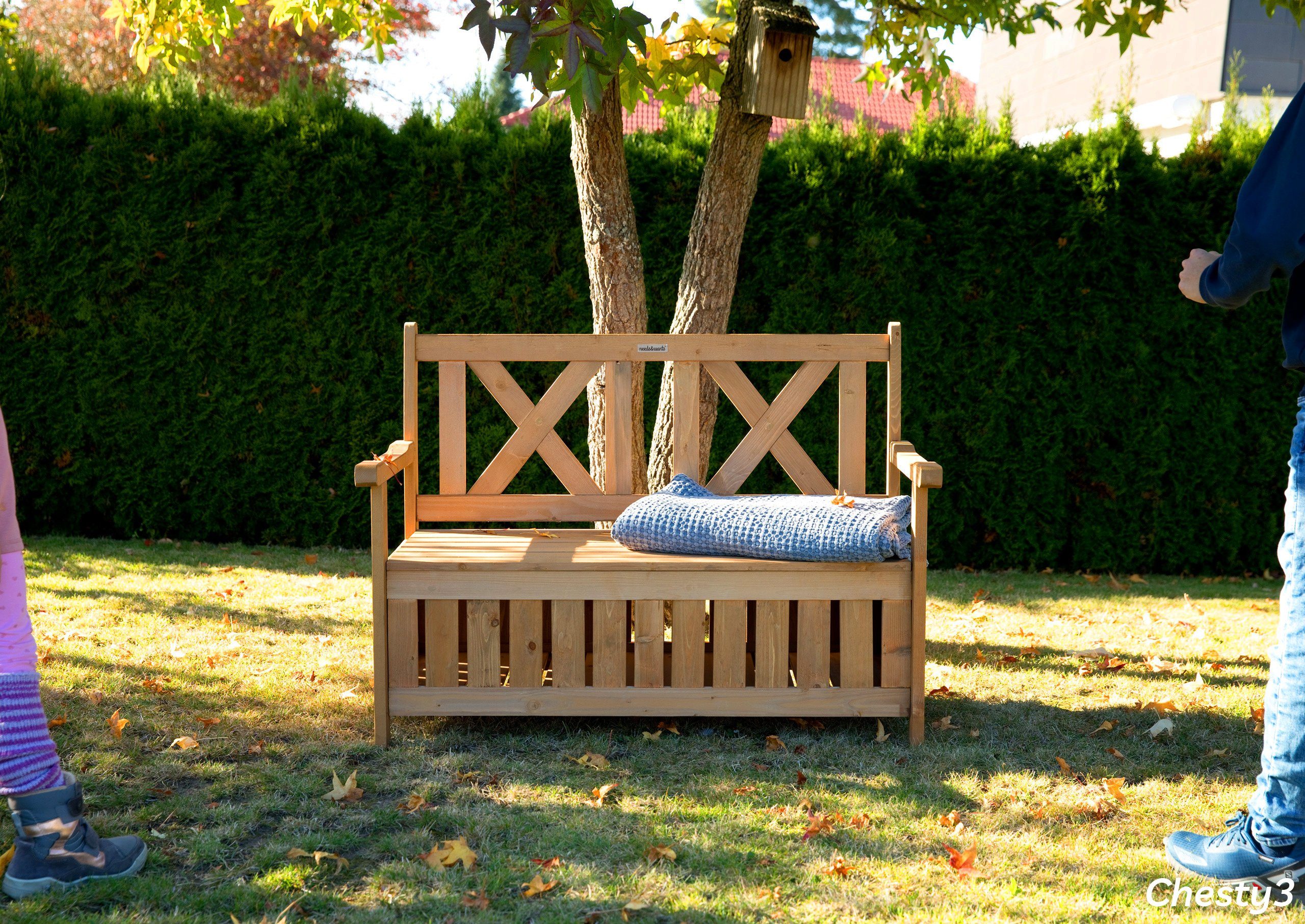 needs&wants® Gartenbank Holz wetterfest mit Stauraum, Truhenbank Holzbank Sitzbank Truhe braun