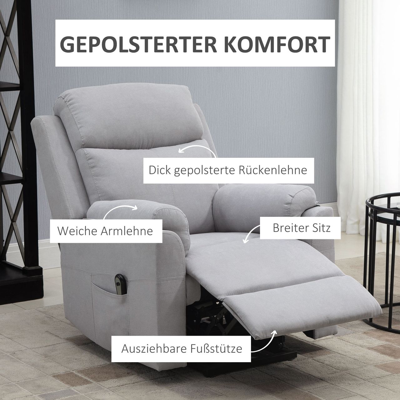 HOMCOM elektrischer Aufstehsessel Sessel mit Aufstehhilfe für Senior Relaxsessel Fernsehsessel Liegefunktion Leinen-Touch Grau 83 x 89 x 102 cm