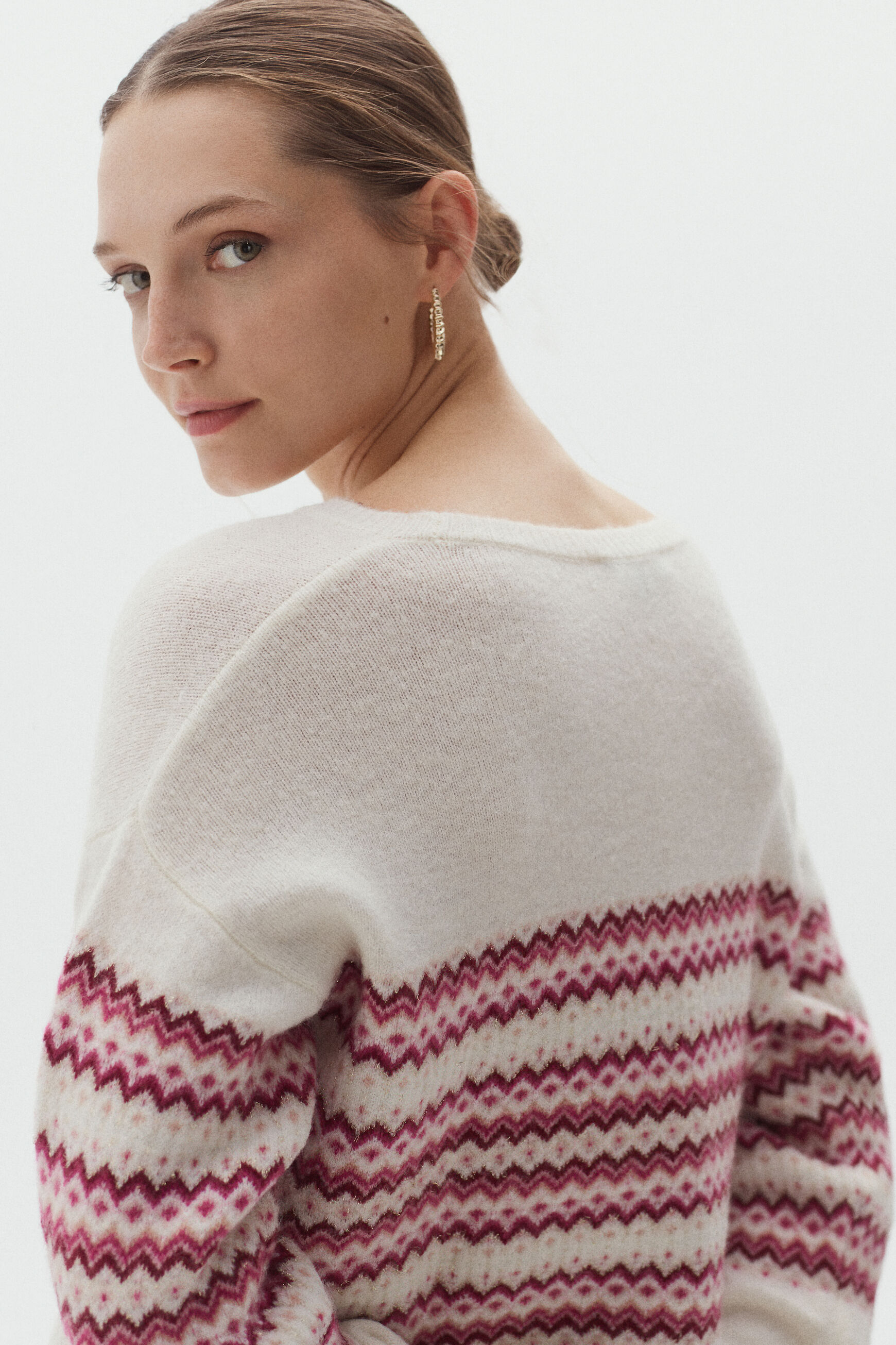 Pull jacquard et fils Lurex. rose femme
