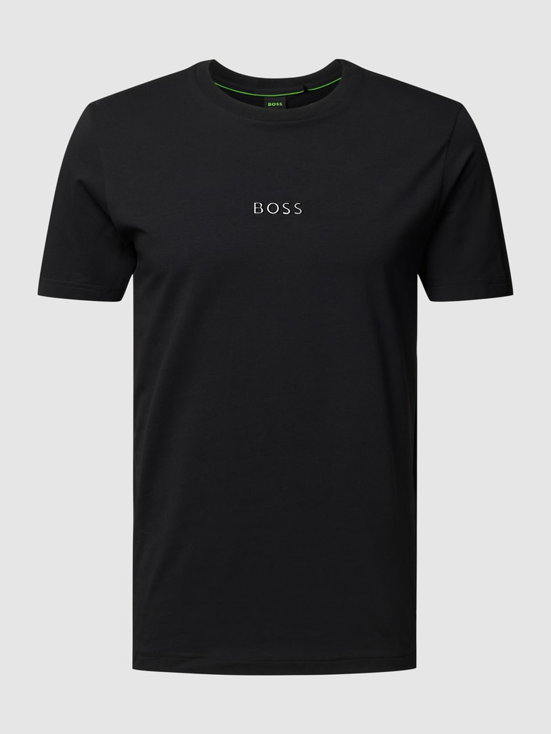 T-Shirt mit geripptem Rundhalsausschnitt in schwarz