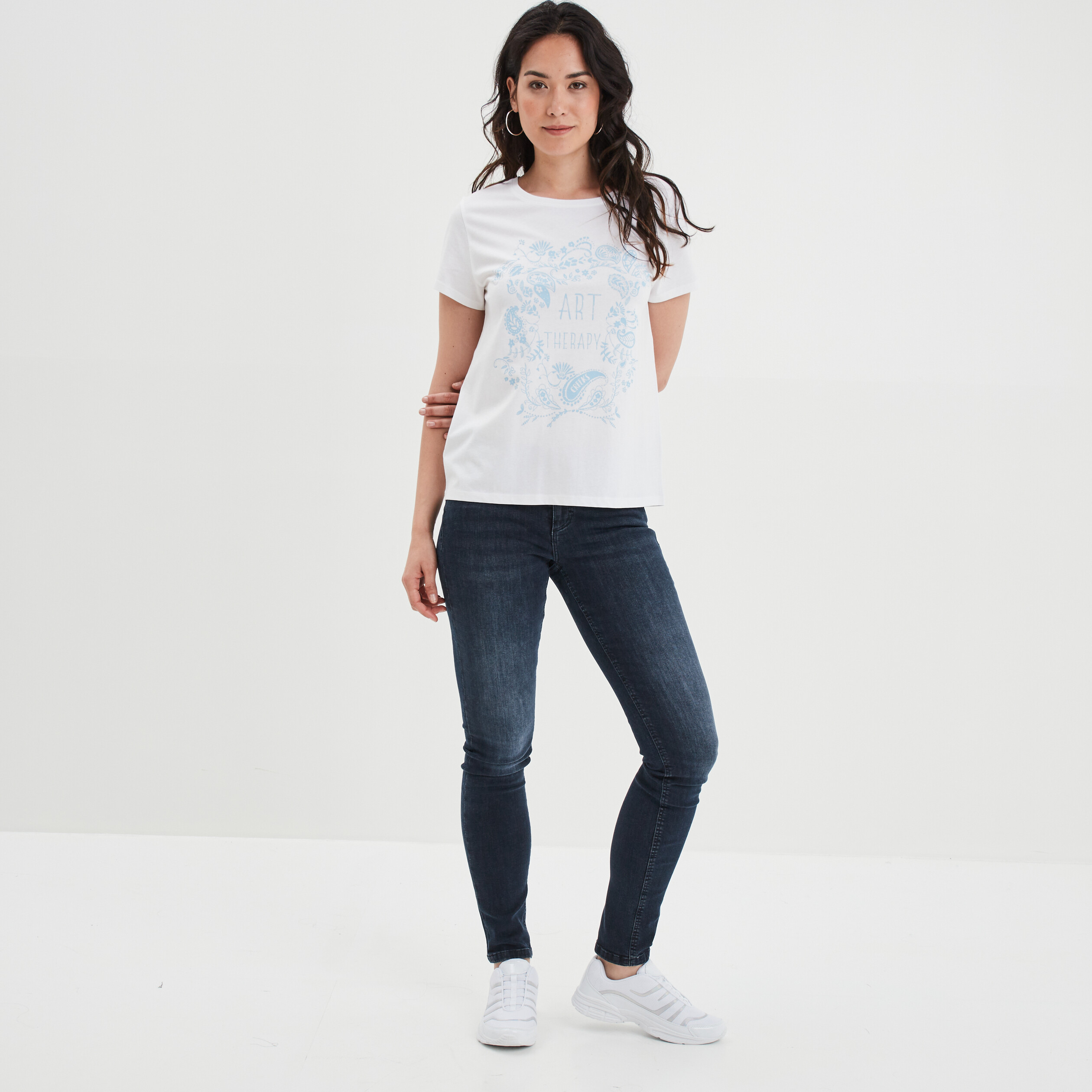 T-shirt ajusté col rond coton Creeks ecru femme | La Halle
